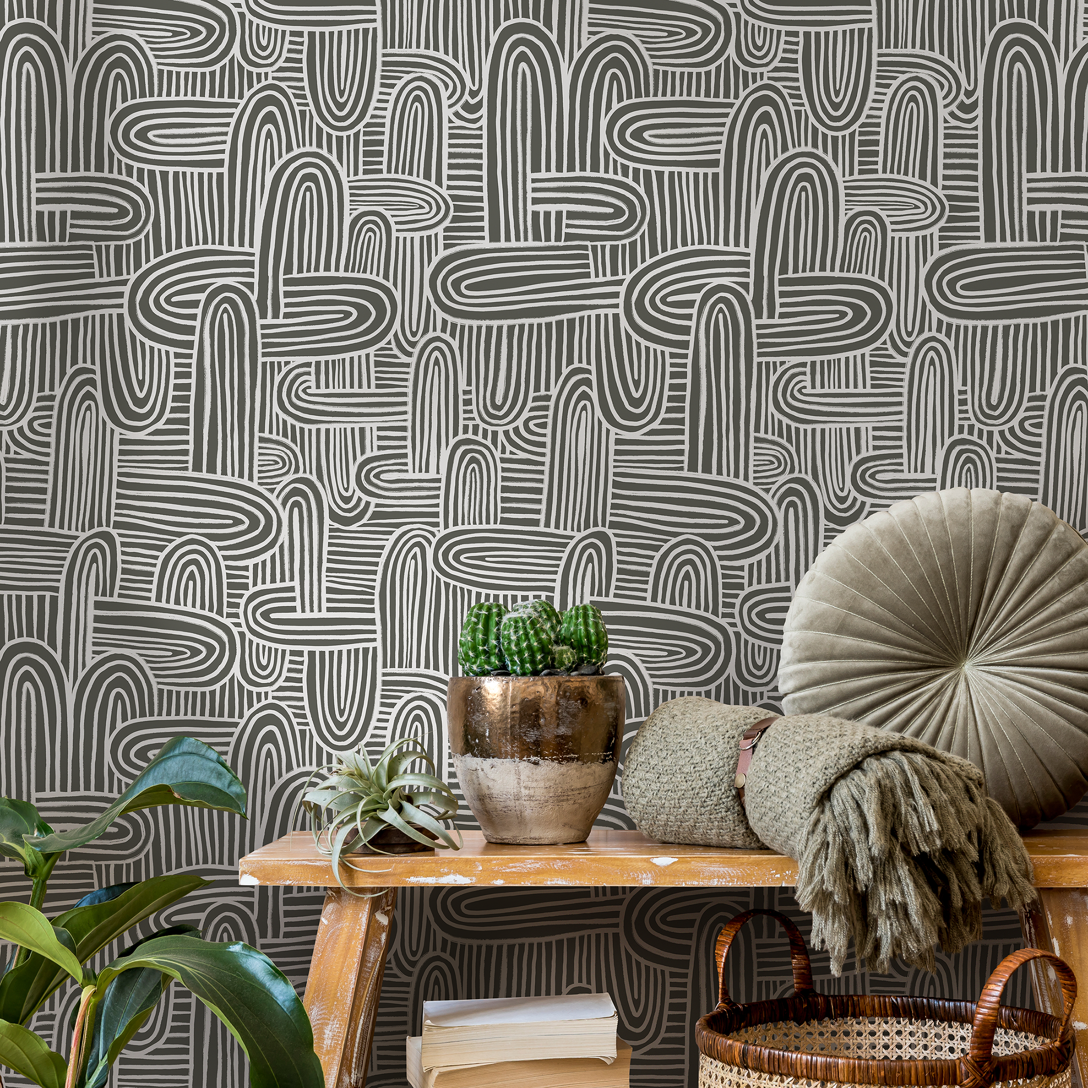Abstract Wallpaper With Hand-drawn Organic Lines In Gray Green And White - C905