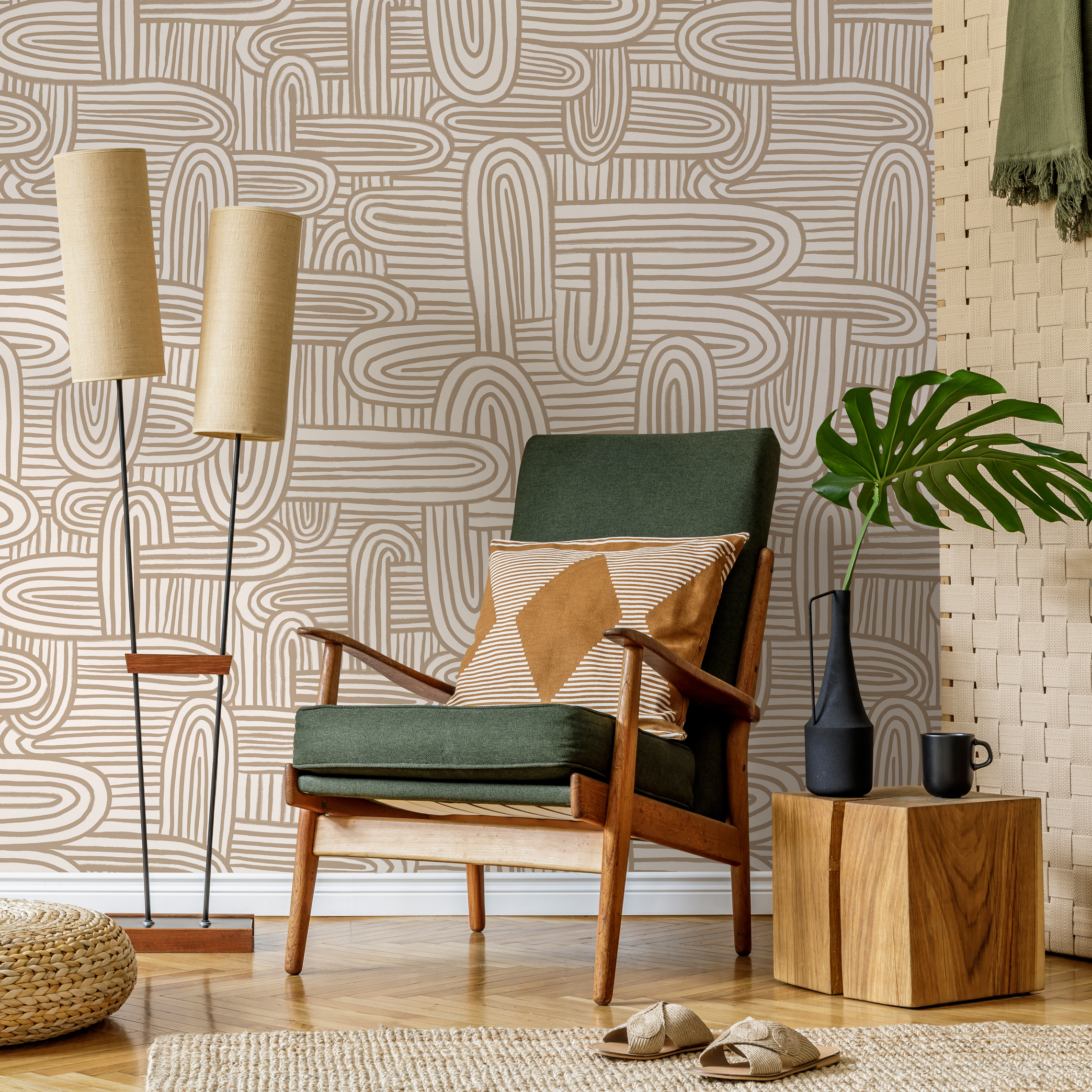 Abstract Wallpaper With Organic Brush Stroke Arches In Beige And Cream - C908