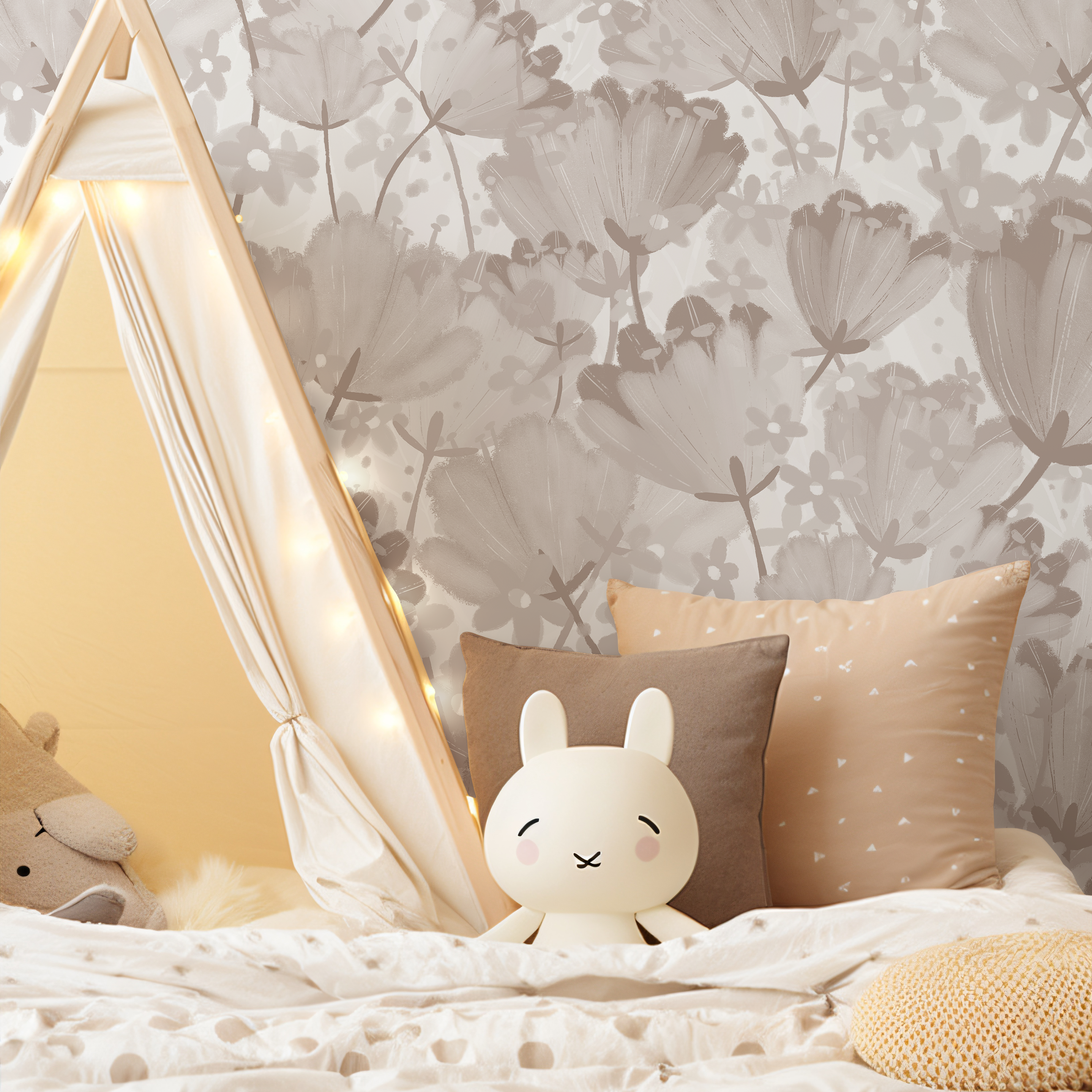 Floral Wallpaper With A Soft Painted Tulip Motif In Beige And Taupe - C913