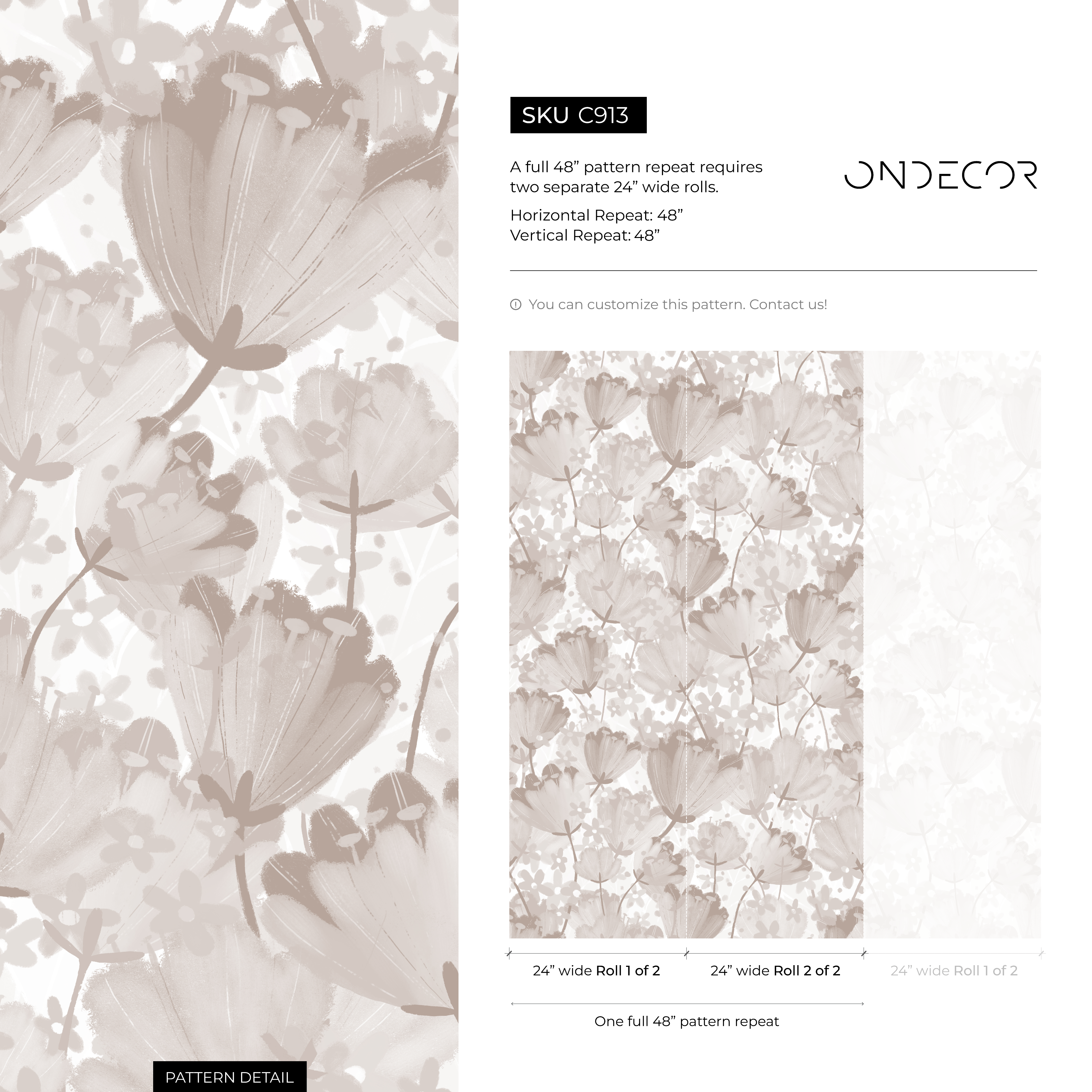 Floral Wallpaper With A Soft Painted Tulip Motif In Beige And Taupe - C913