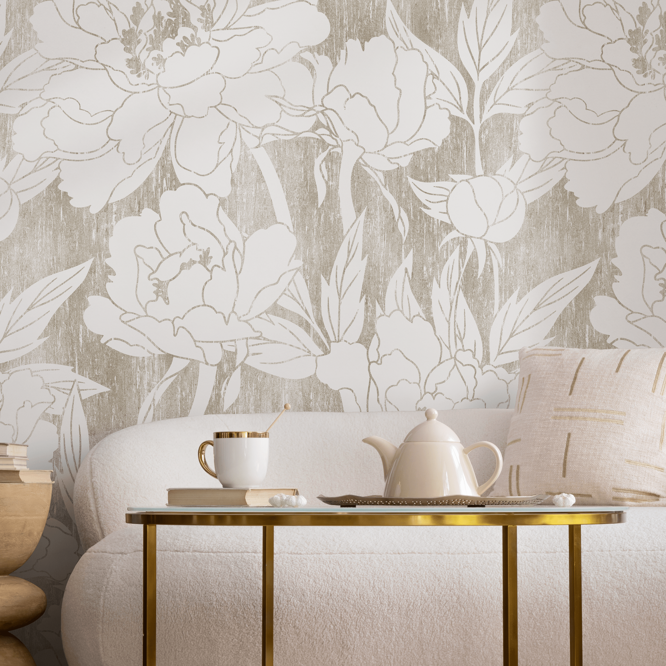 Vintage Floral Wallpaper With Peony Outlines In Beige And Cream - C914