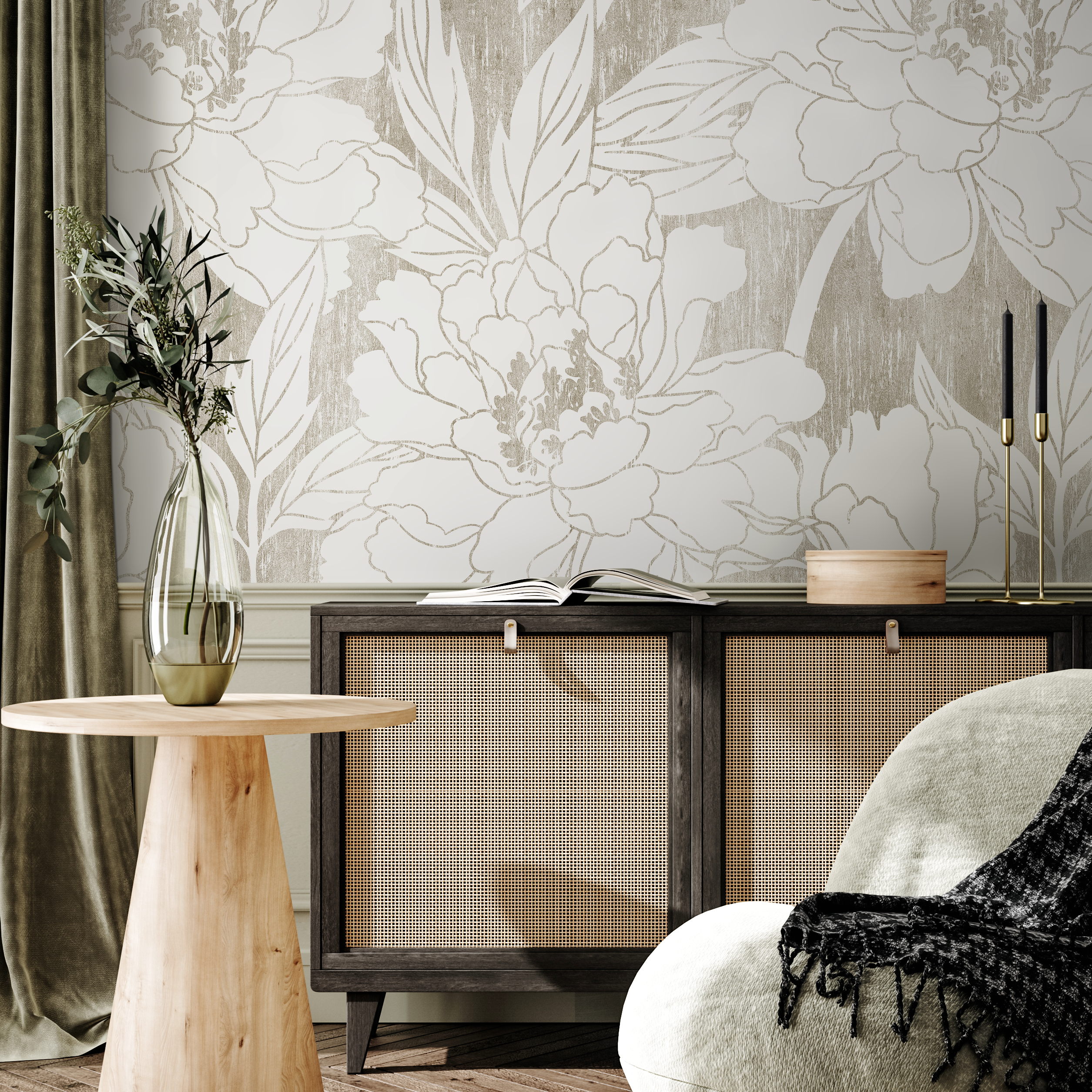 Vintage Floral Wallpaper With Peony Outlines In Beige And Cream - C914