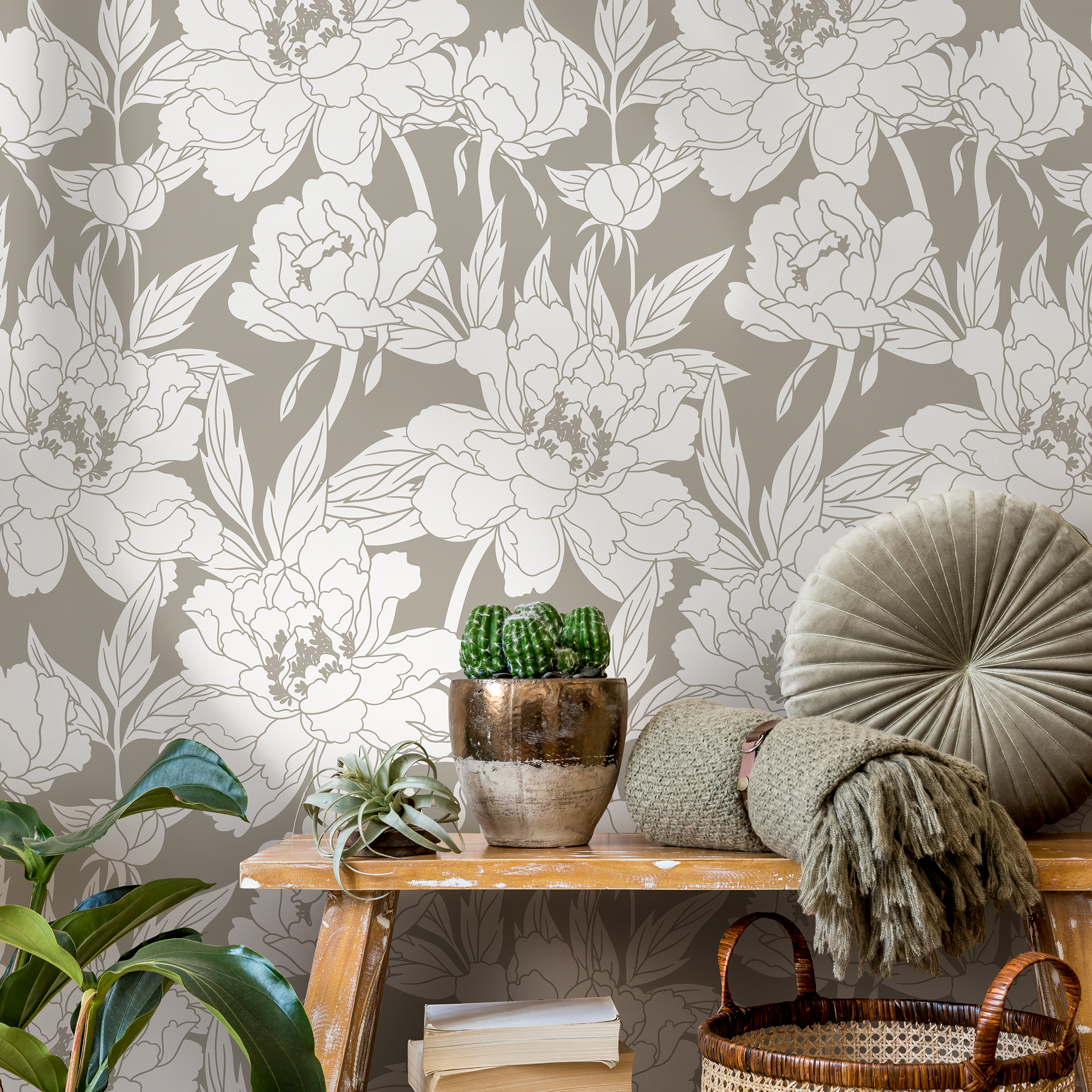 Floral Wallpaper Featuring Peony Line Art In Taupe And White - C915
