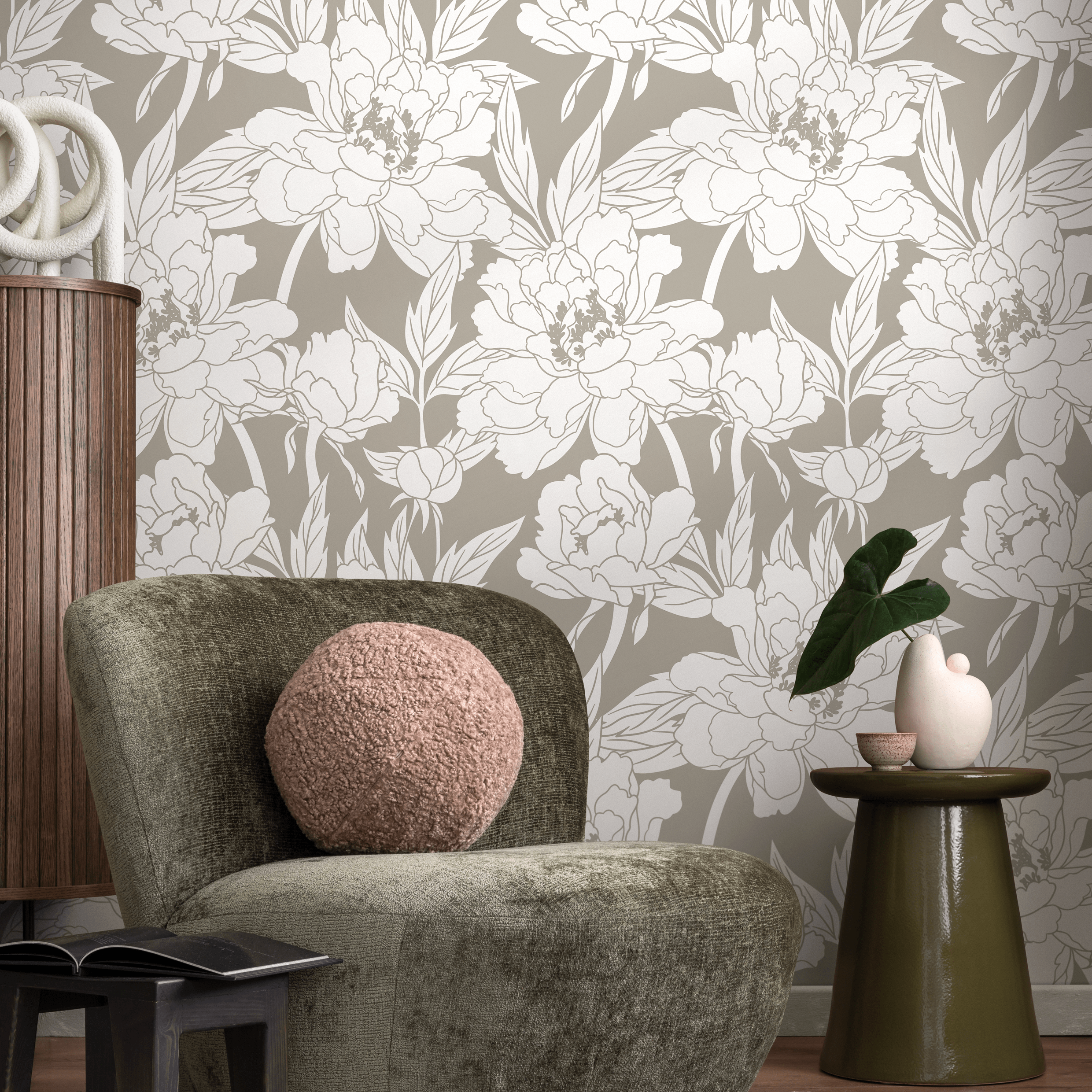 Floral Wallpaper Featuring Peony Line Art In Taupe And White - C915