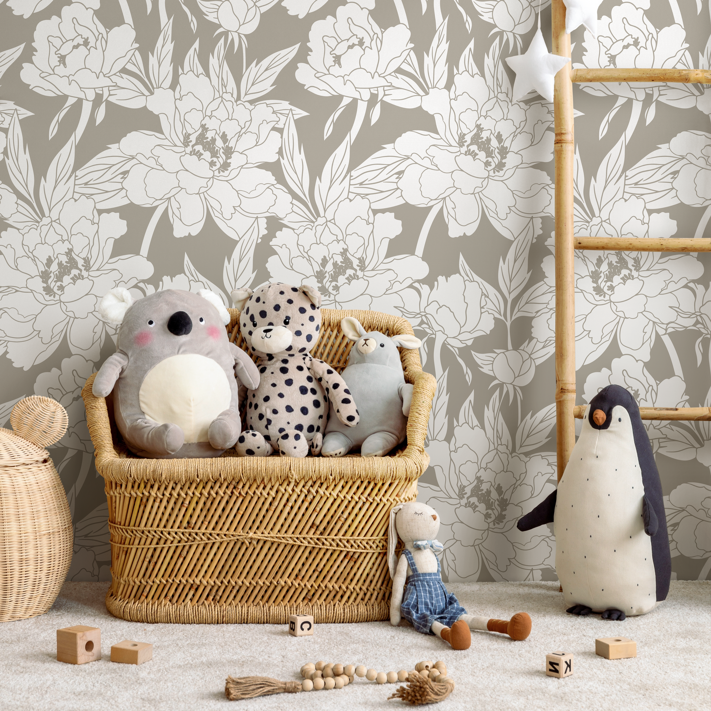 Floral Wallpaper Featuring Peony Line Art In Taupe And White - C915