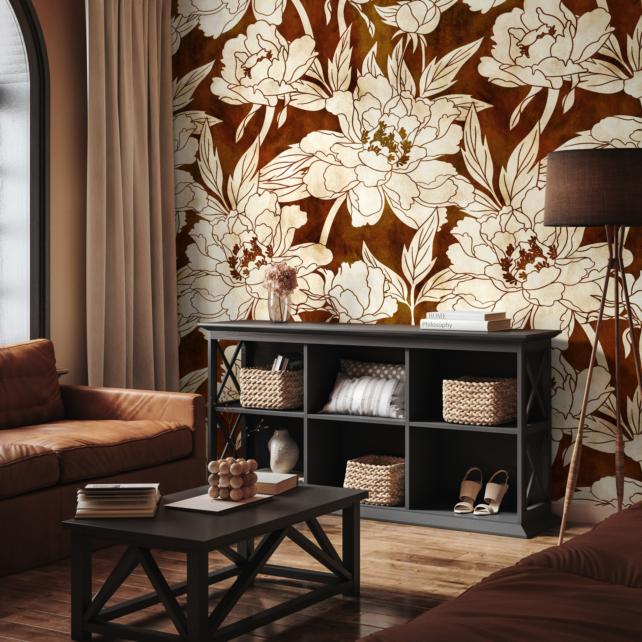 Floral Wallpaper With Large Scale Line Art Peonies In Brown And Beige - C916