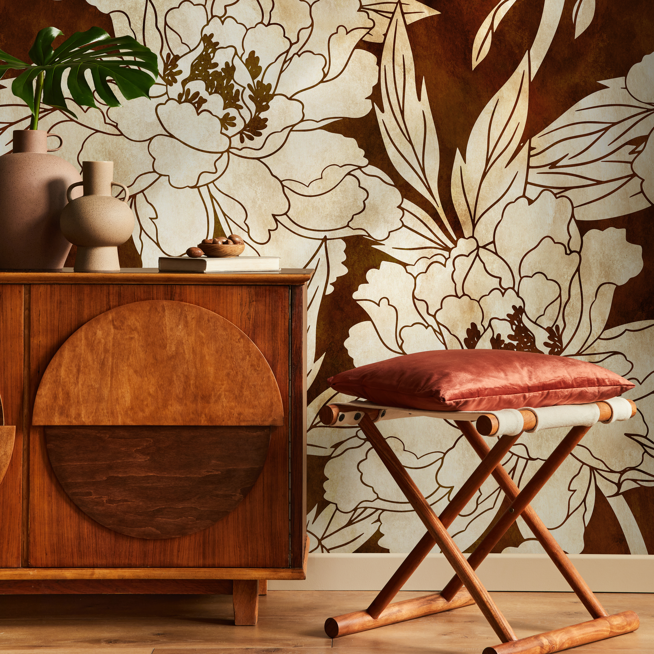 Floral Wallpaper With Large Scale Line Art Peonies In Brown And Beige - C916