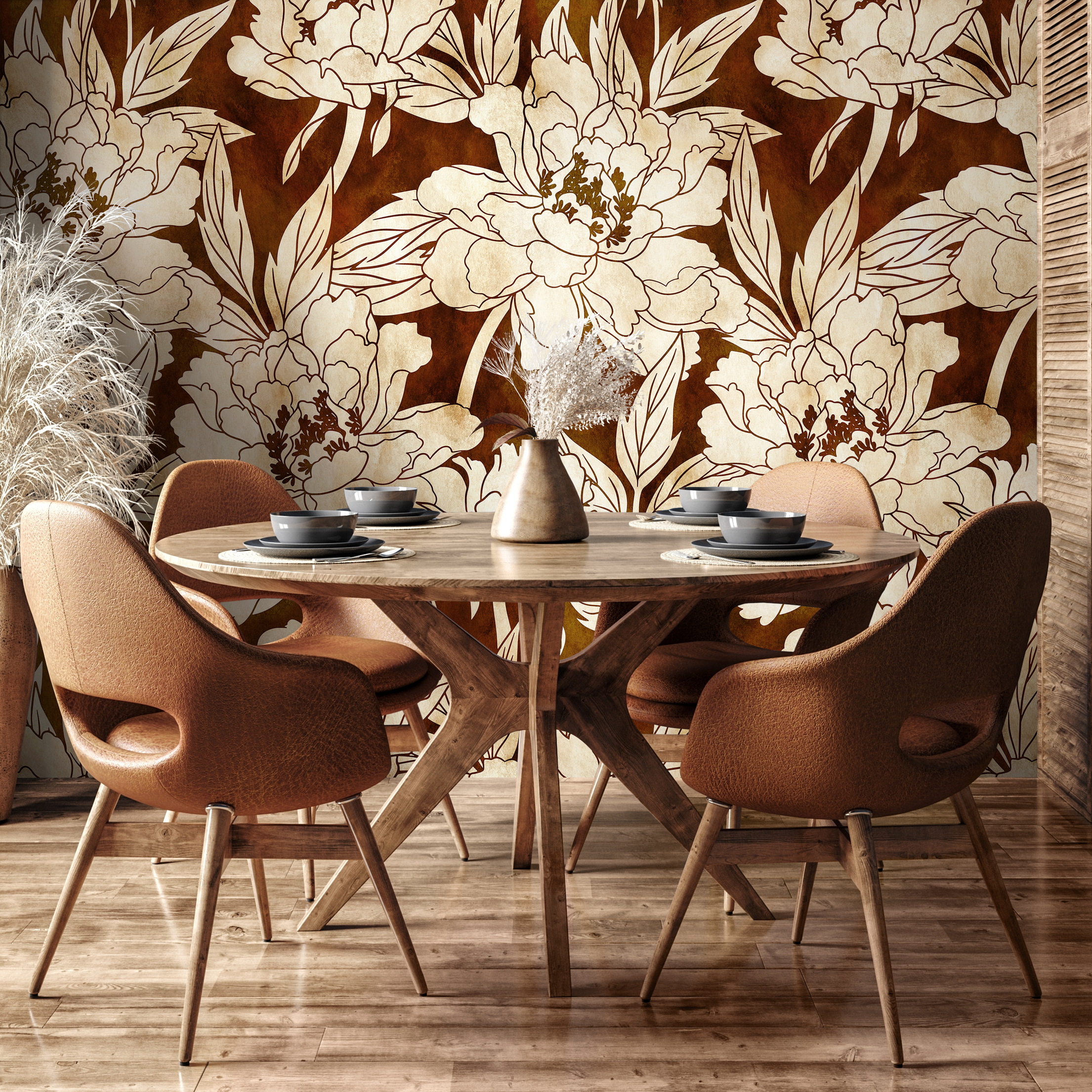 Floral Wallpaper With Large Scale Line Art Peonies In Brown And Beige - C916