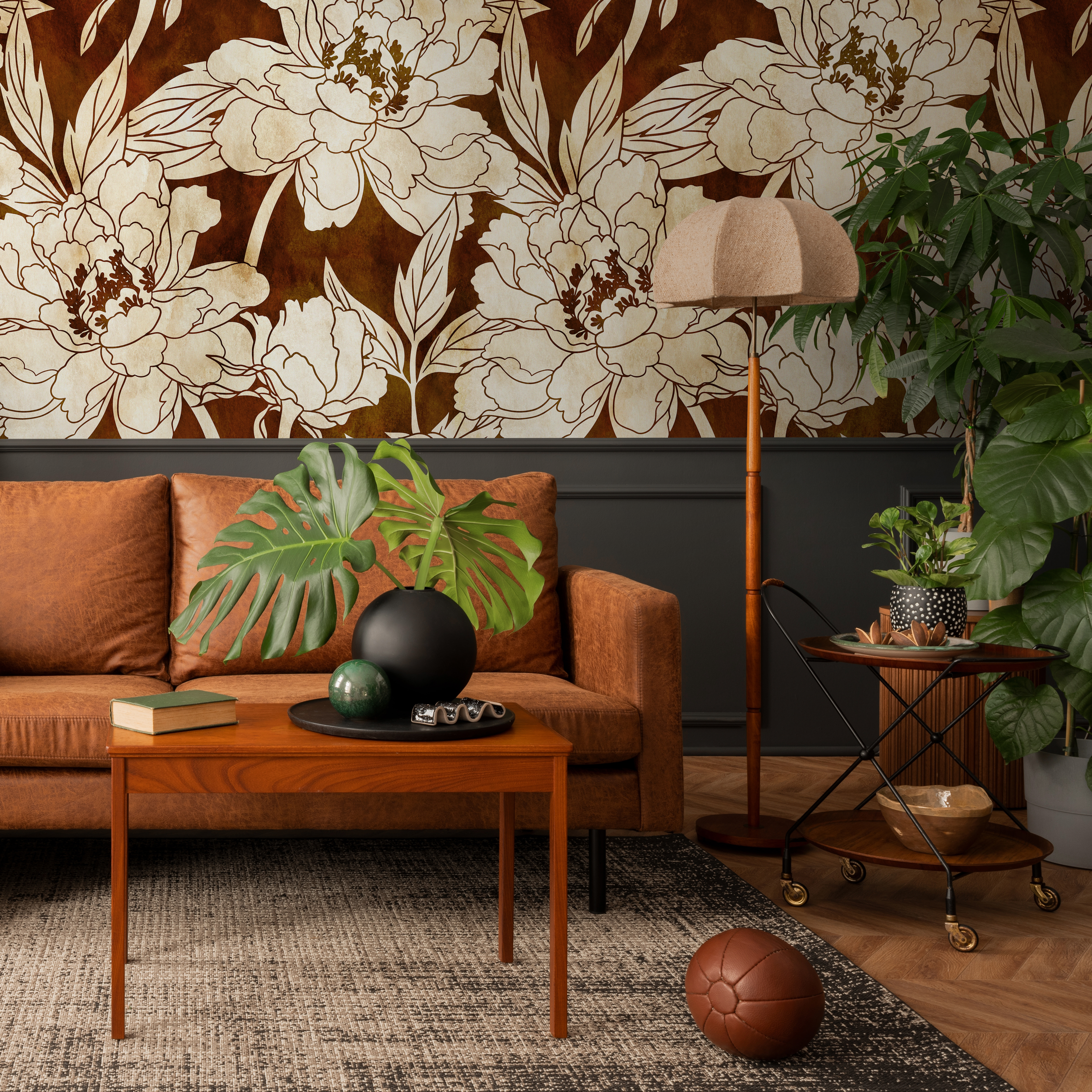 Floral Wallpaper With Large Scale Line Art Peonies In Brown And Beige - C916