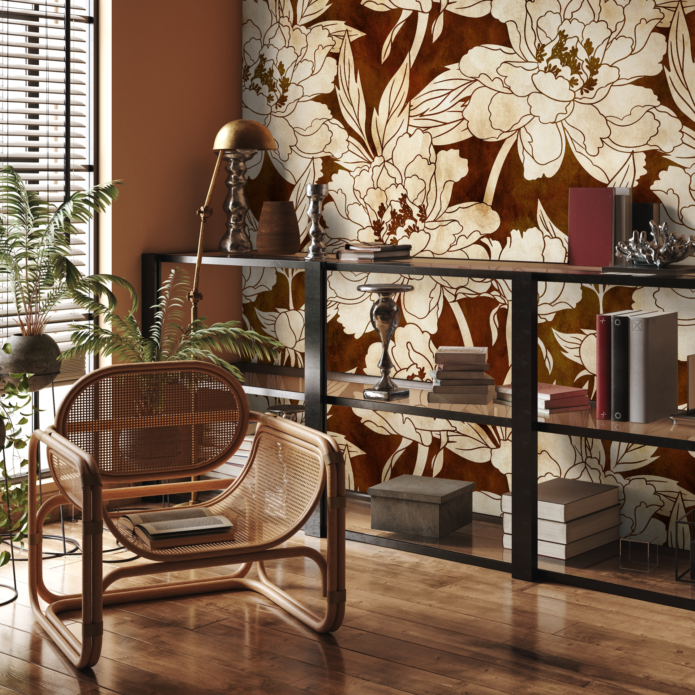 Floral Wallpaper With Large Scale Line Art Peonies In Brown And Beige - C916