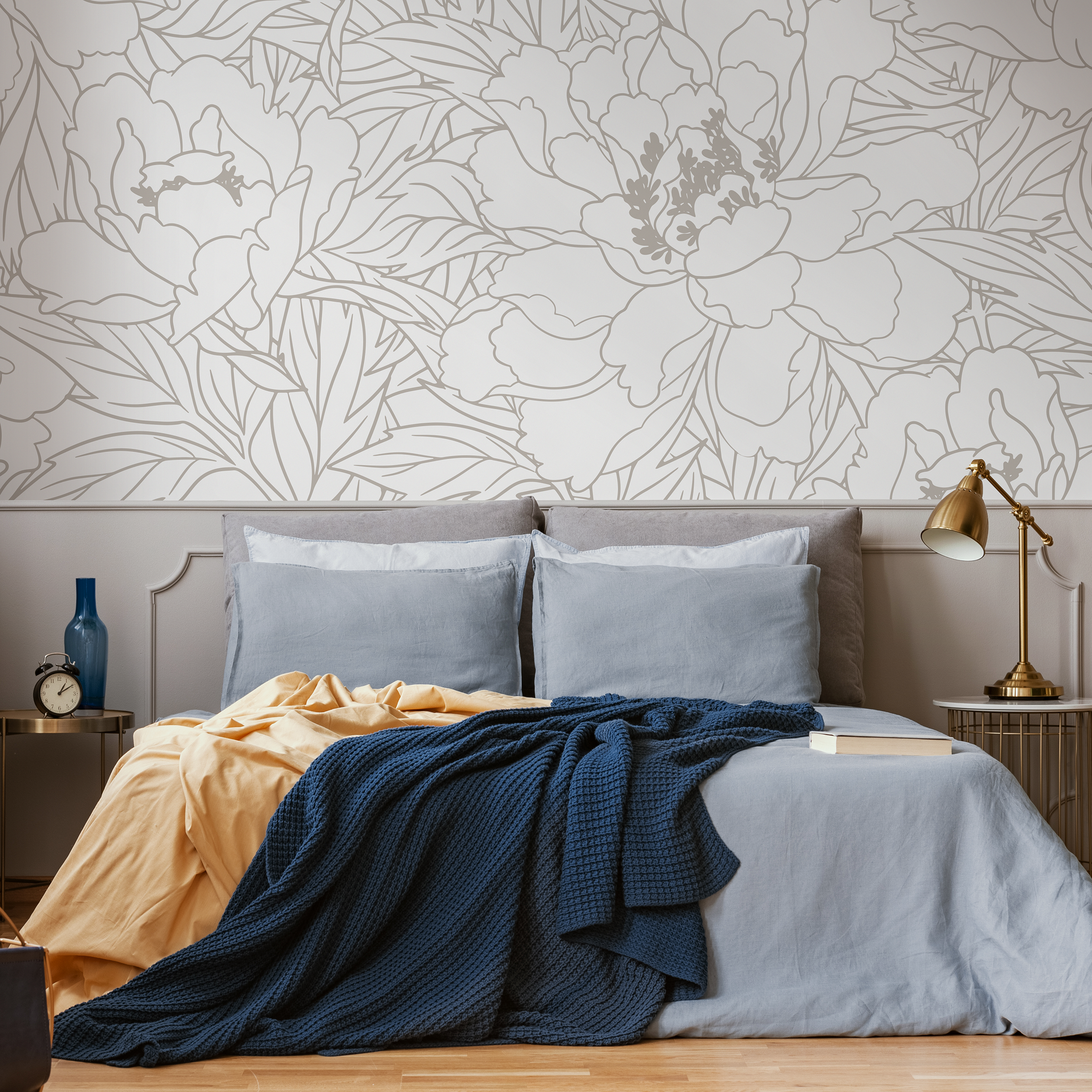 Floral Wallpaper With Large Peony Line Art In Neutral Greige - C920