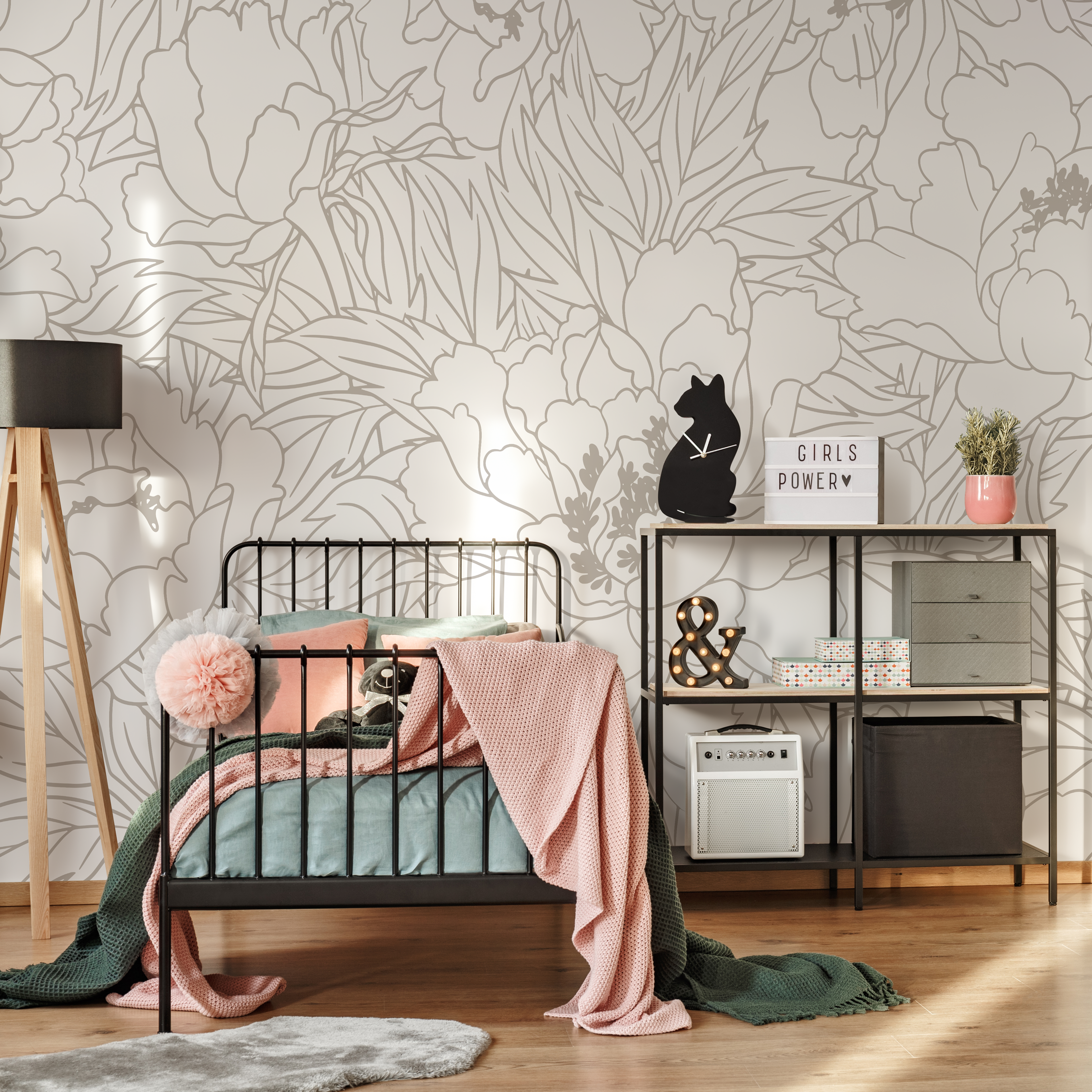 Floral Wallpaper With Large Peony Line Art In Neutral Greige - C920