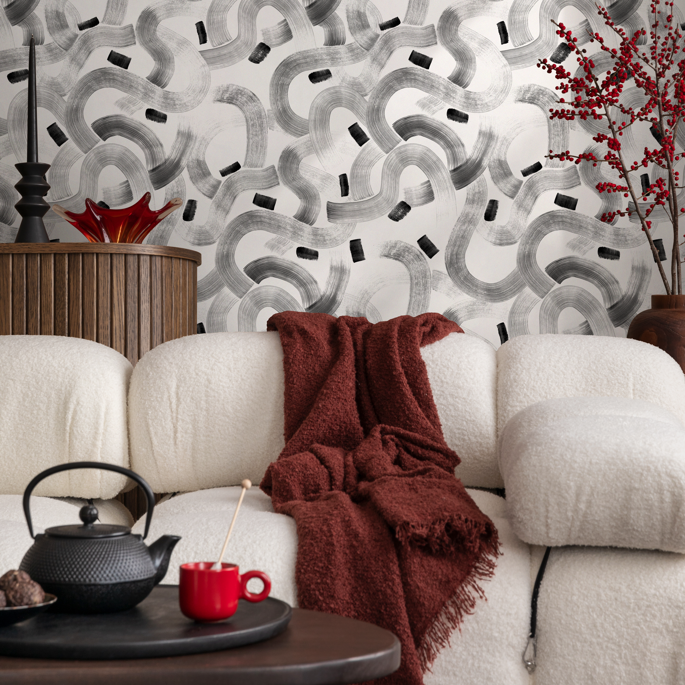 Abstract Wallpaper With Meandering Brush Strokes In Black And Gray - C921