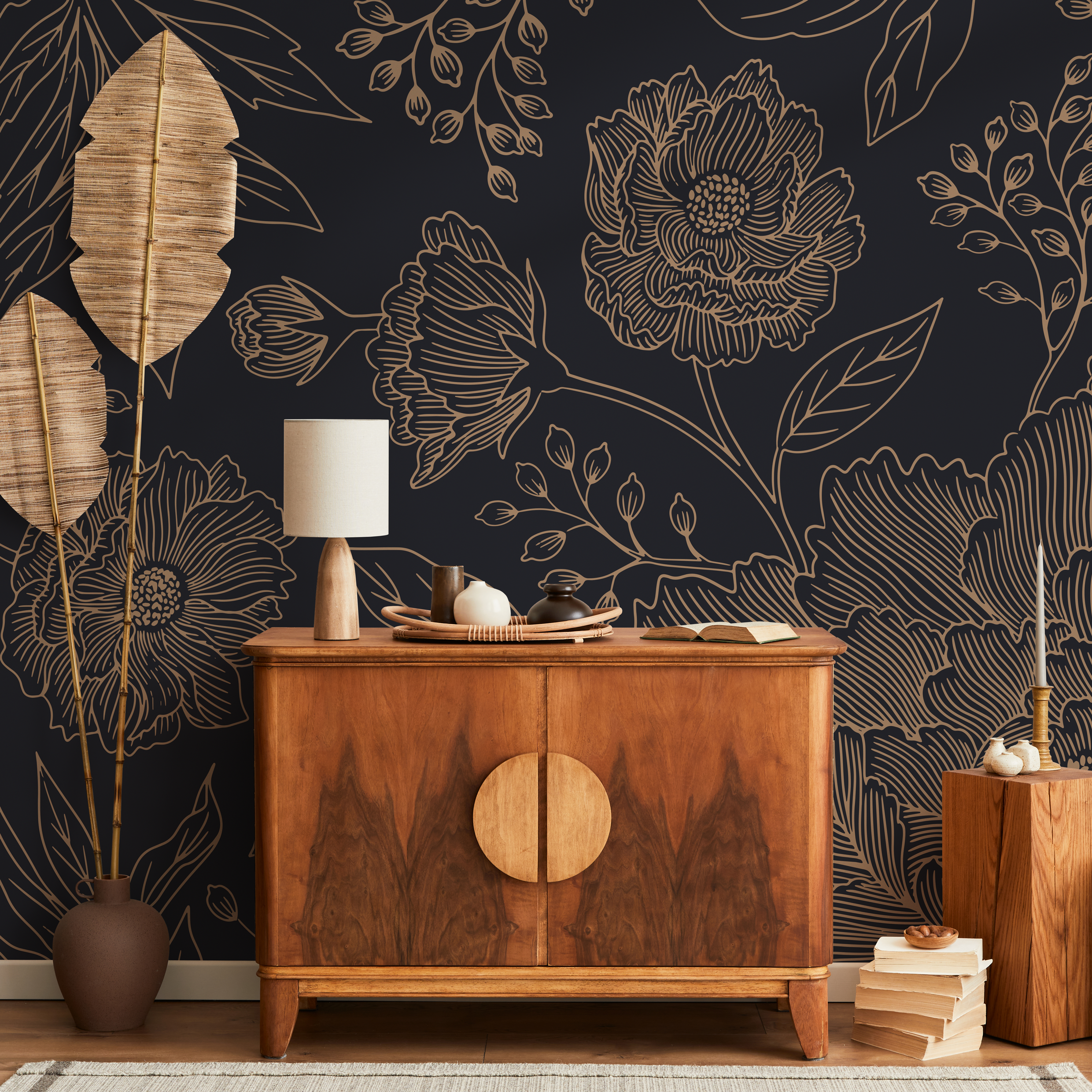 Floral Wallpaper Featuring Elegant Line Art In Black And Gold - C925