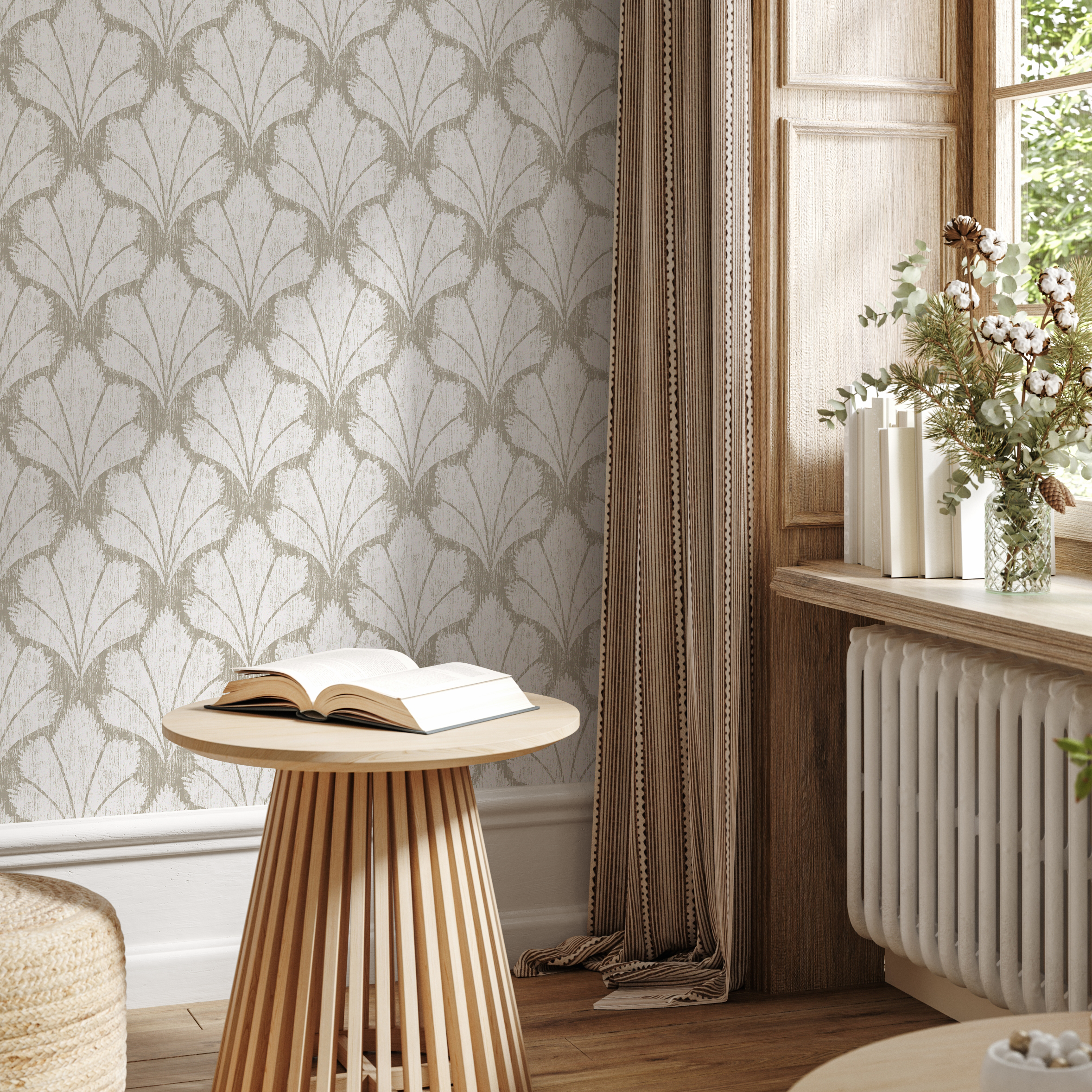 Art Deco Wallpaper With A Stylized Fan Leaf Motif In Beige And Cream - C929
