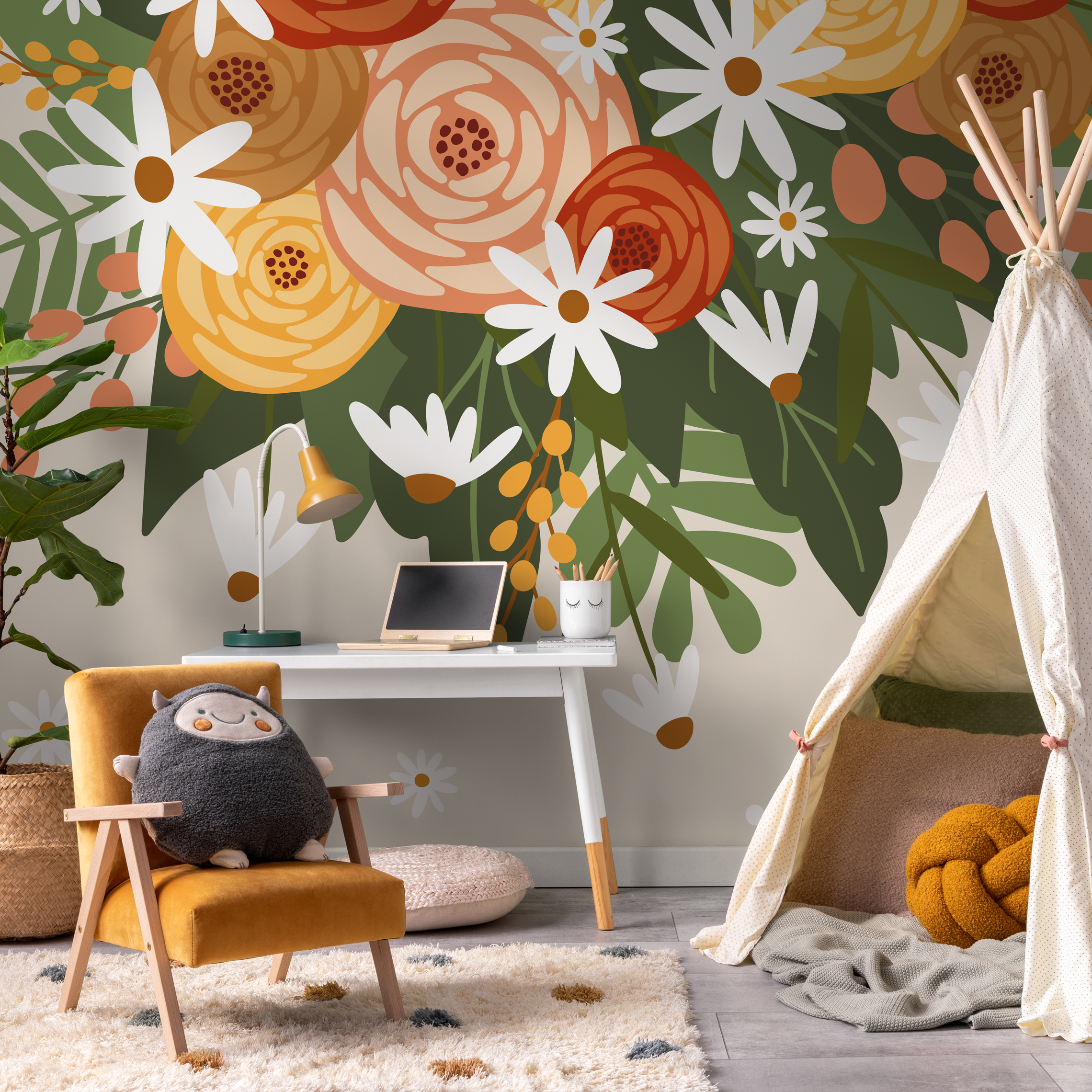 Floral Wallpaper With A Bold Bouquet In Orange, Yellow, And Green - C931