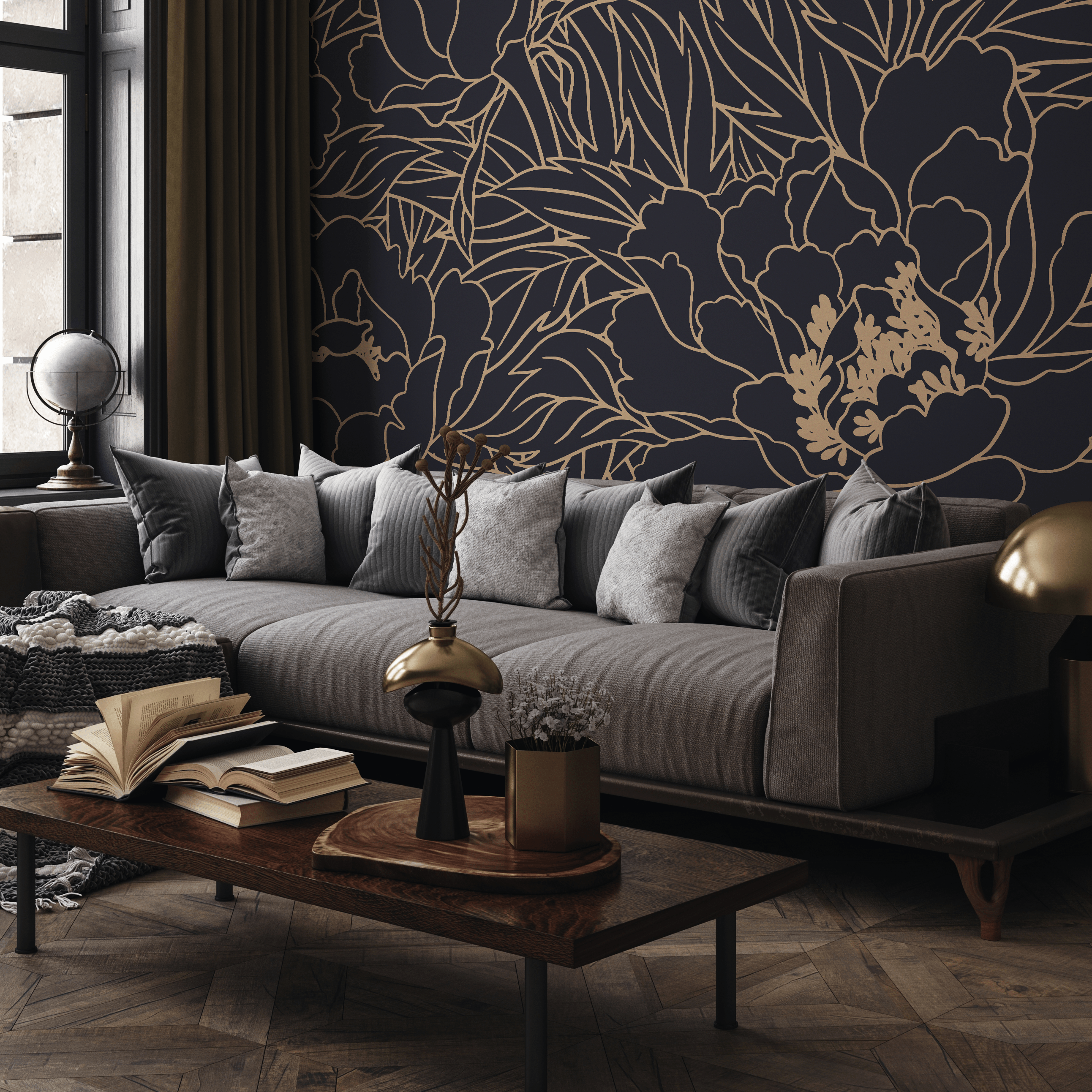 Floral Wallpaper With Elegant Line Art Peonies In Dark Blue And Gold - C932