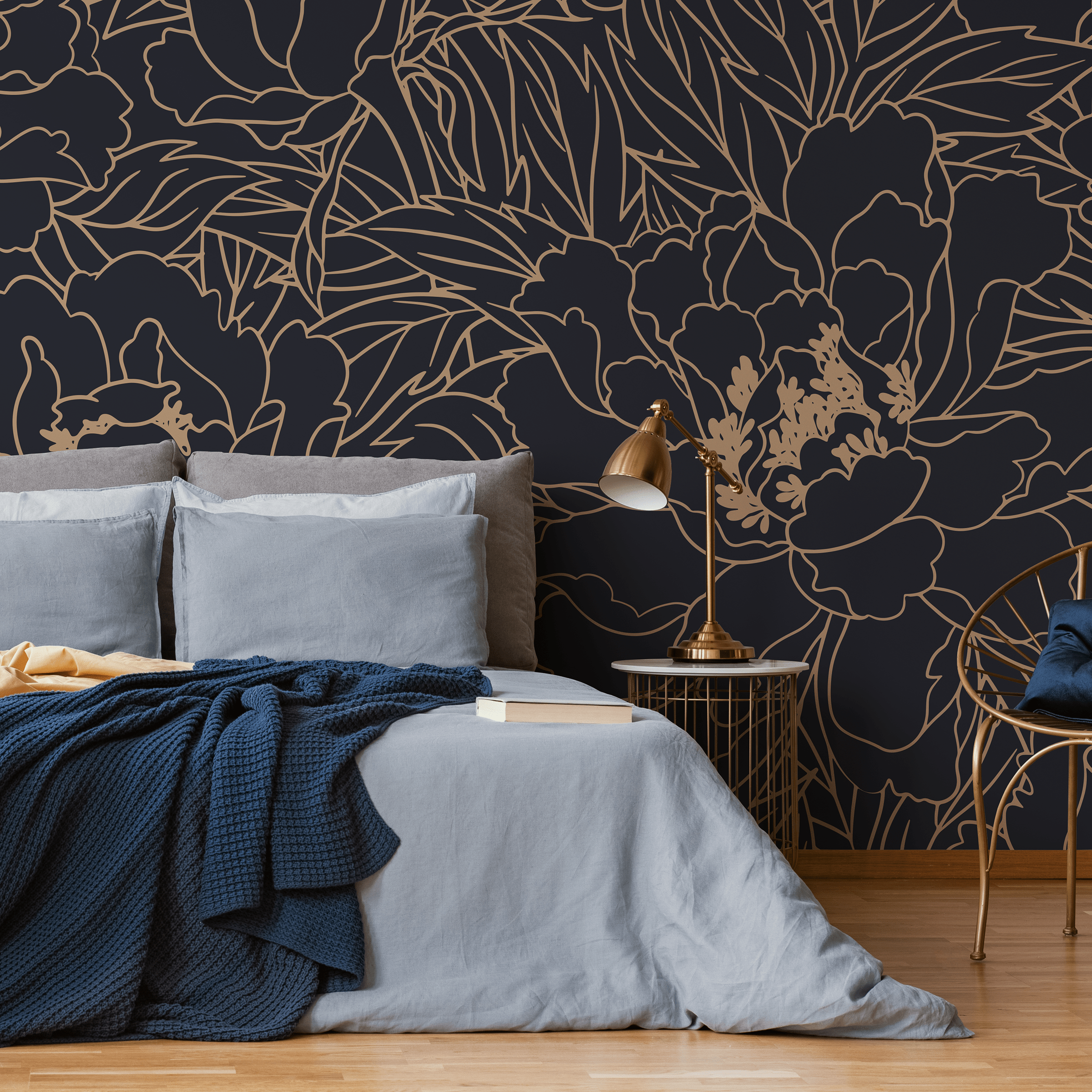 Floral Wallpaper With Elegant Line Art Peonies In Dark Blue And Gold - C932