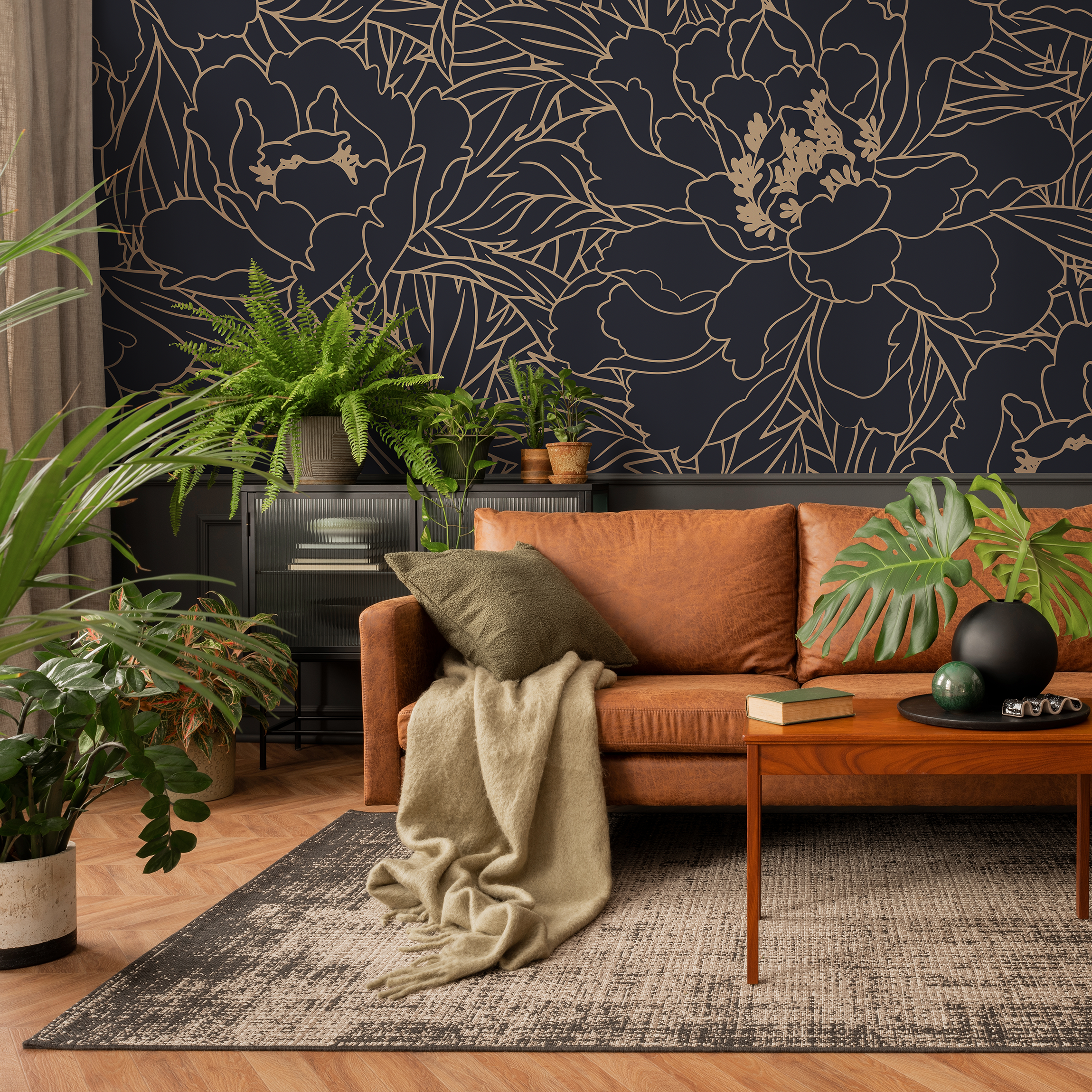 Floral Wallpaper With Elegant Line Art Peonies In Dark Blue And Gold - C932