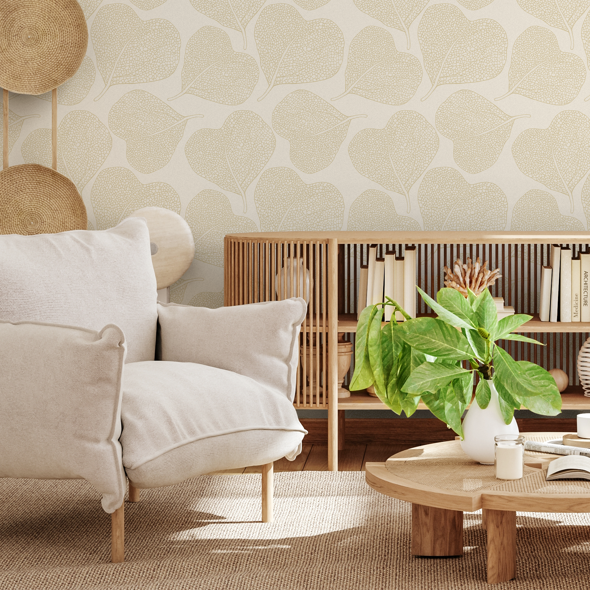 Botanical Wallpaper Featuring Heart-shaped Leaves In Beige And Cream - C933