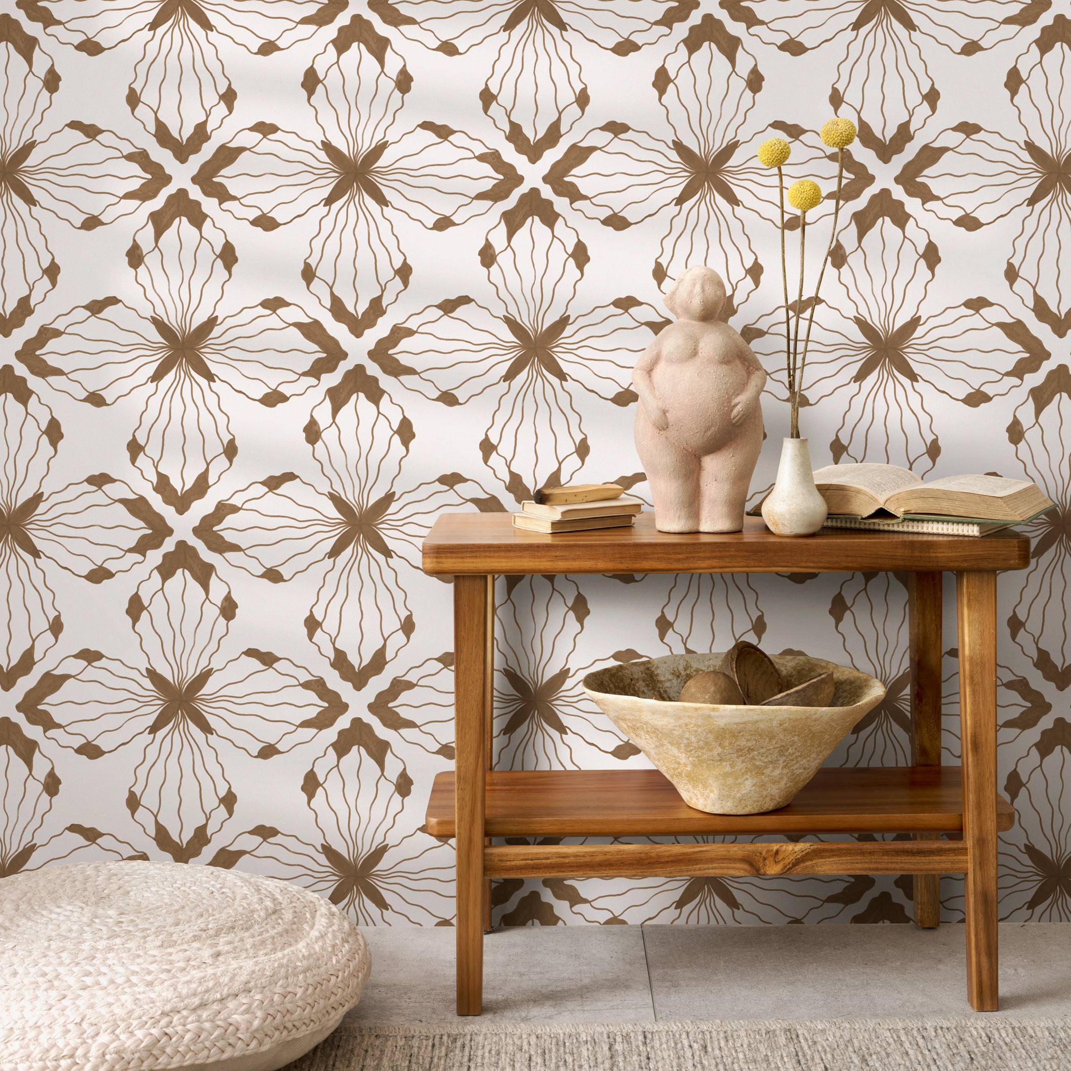 Boho Tile Wallpaper Featuring A Geometric Floral Motif In Brown - C935