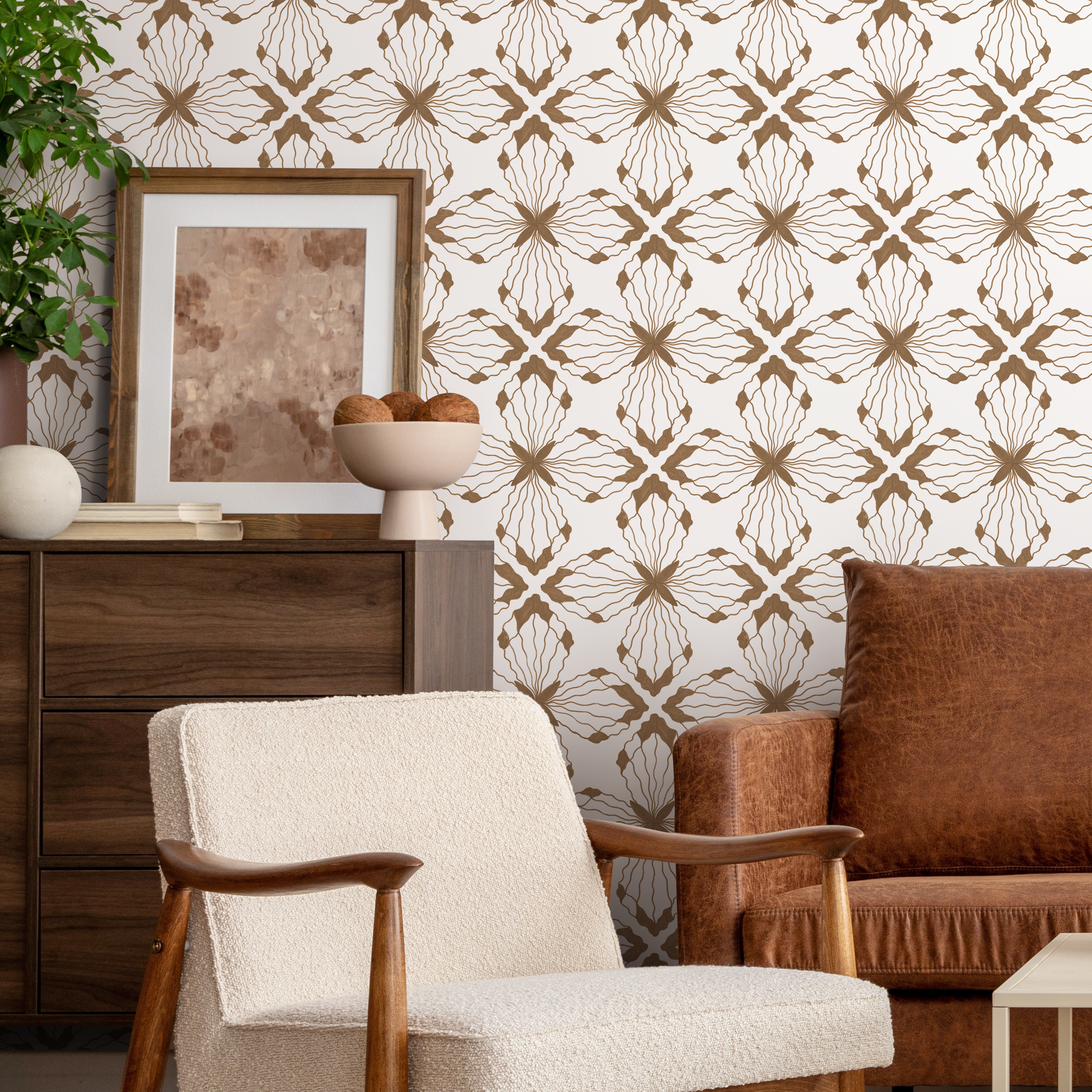 Boho Tile Wallpaper Featuring A Geometric Floral Motif In Brown - C935