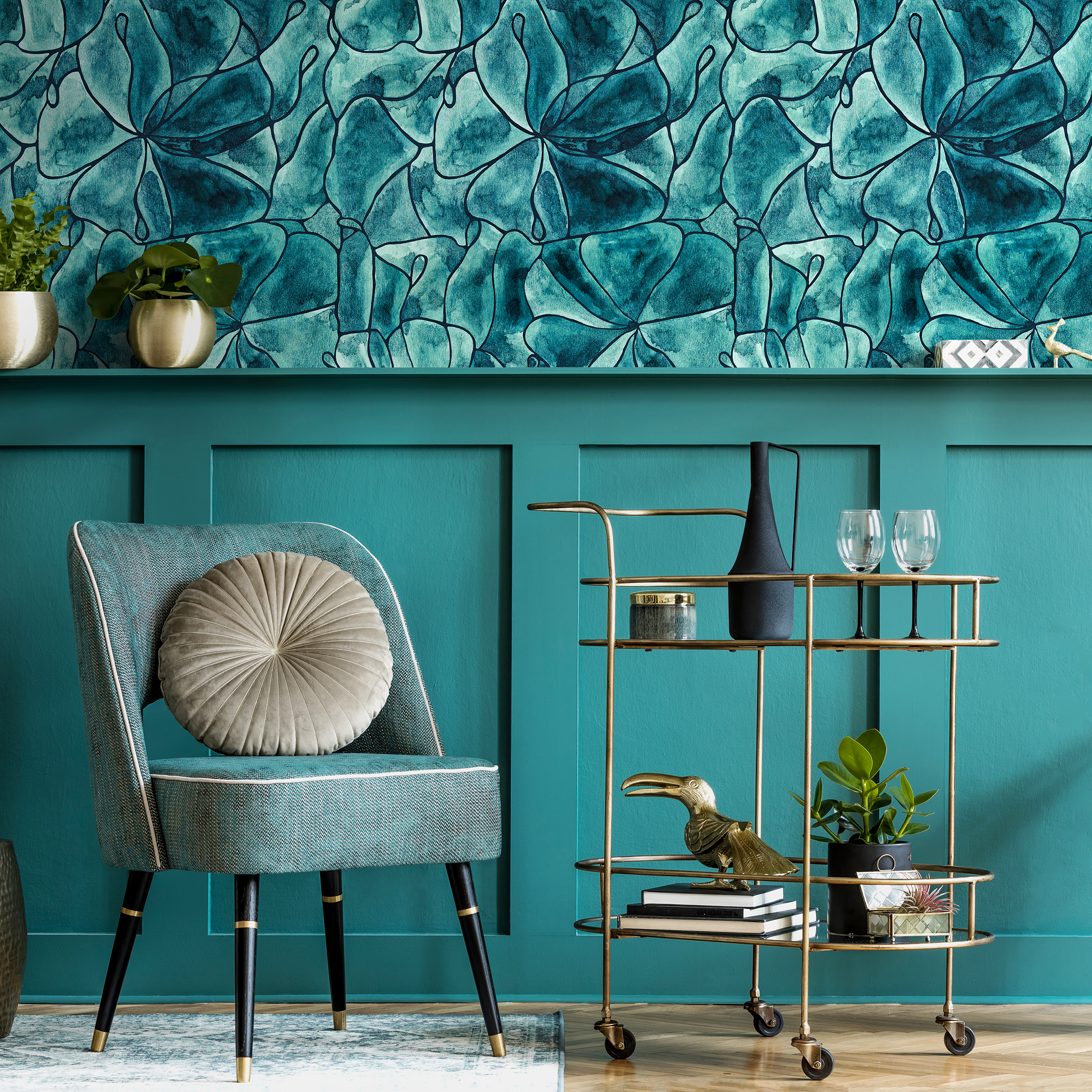 Abstract Floral Wallpaper With A Watercolor Style In Turquoise, Teal, And Black - C936