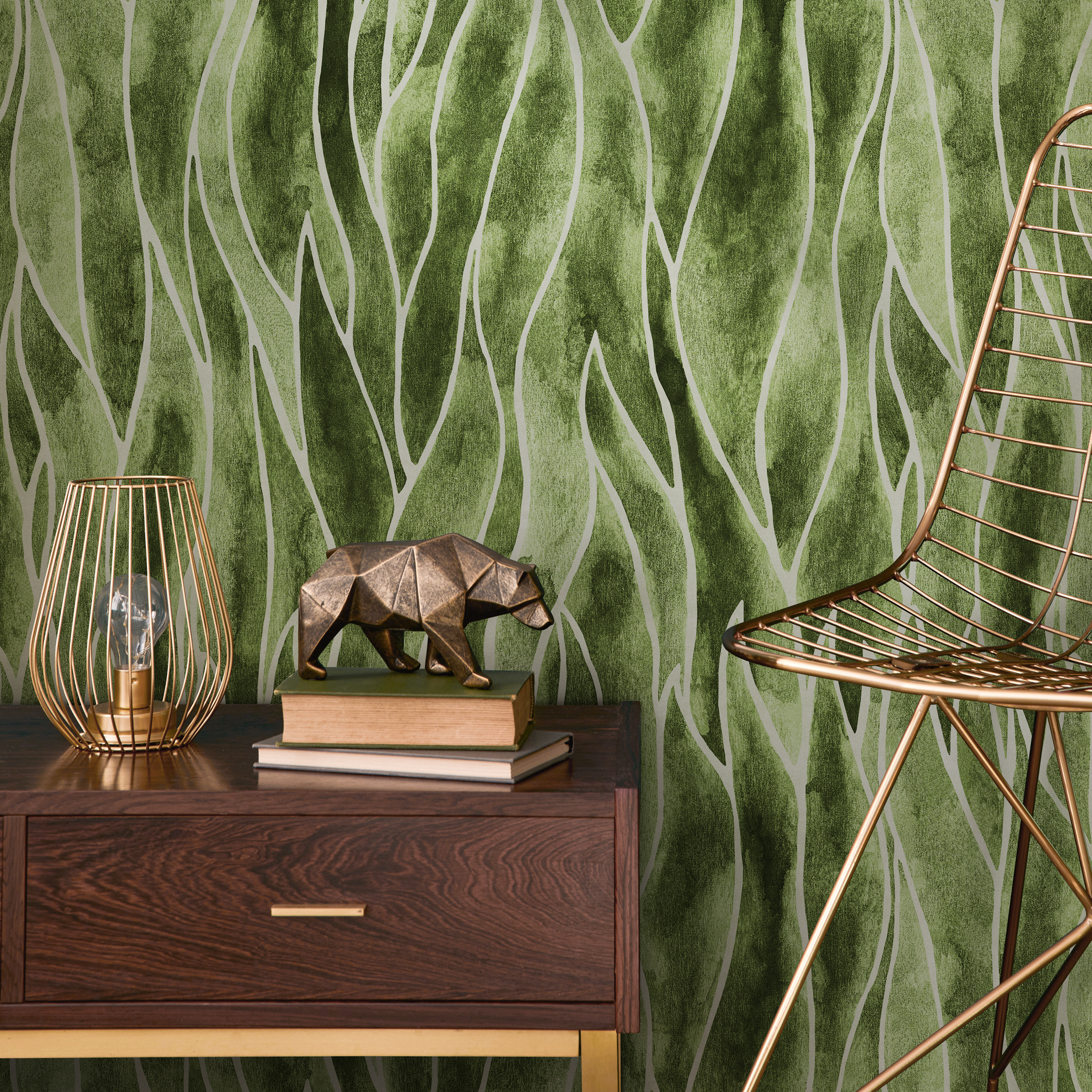 Abstract Wallpaper With A Flowing Seaweed Motif In Olive Green And White - C938