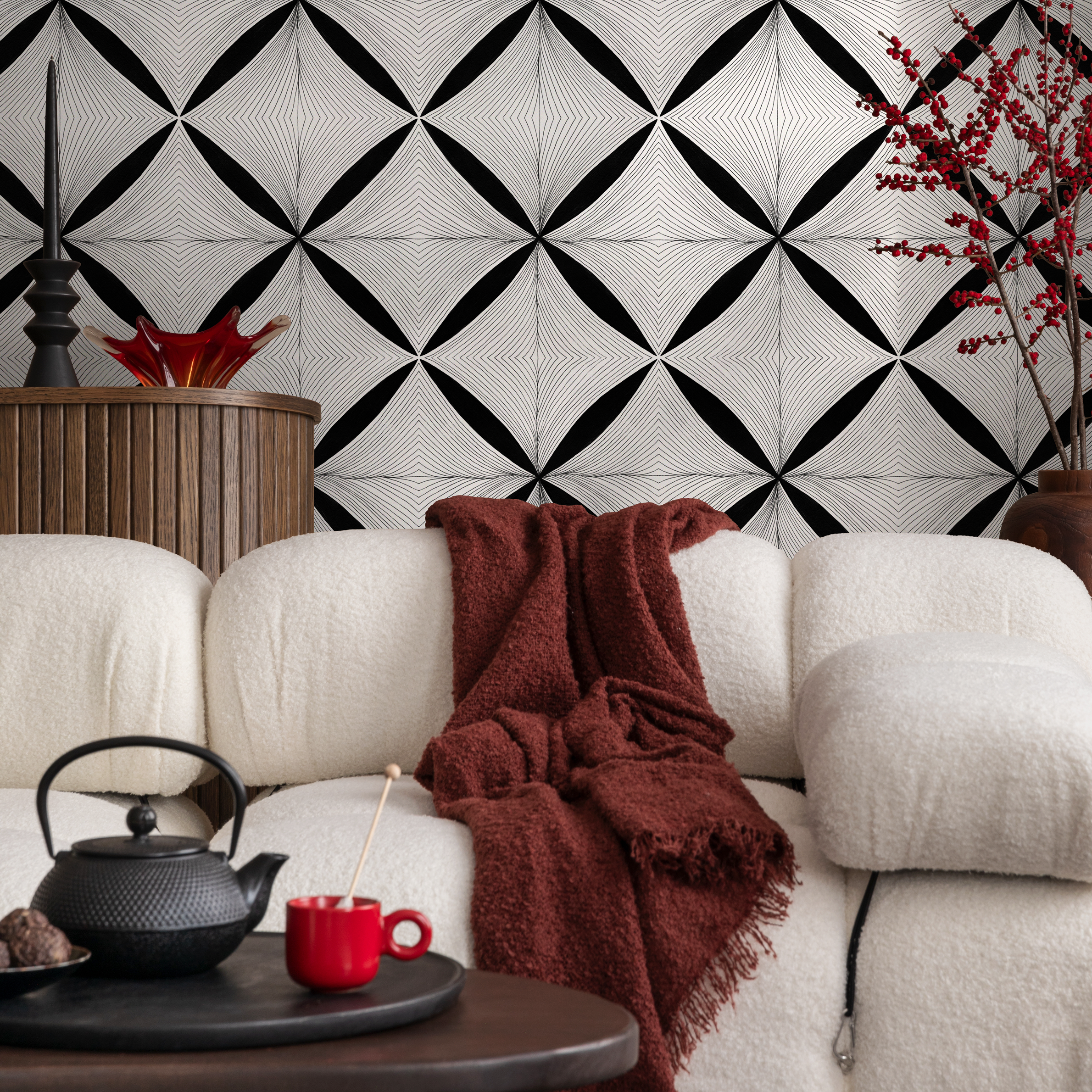 Geometric Wallpaper With A Fine Line Diamond Motif In Black And White - C939