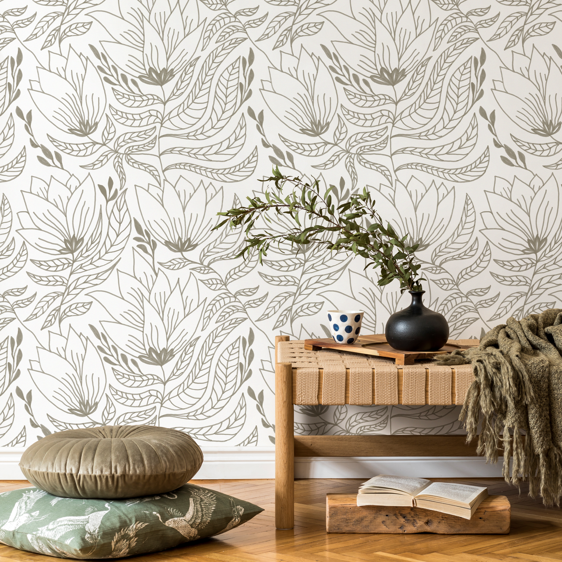 Botanical Wallpaper With A Line Art Floral Motif In Taupe - C941