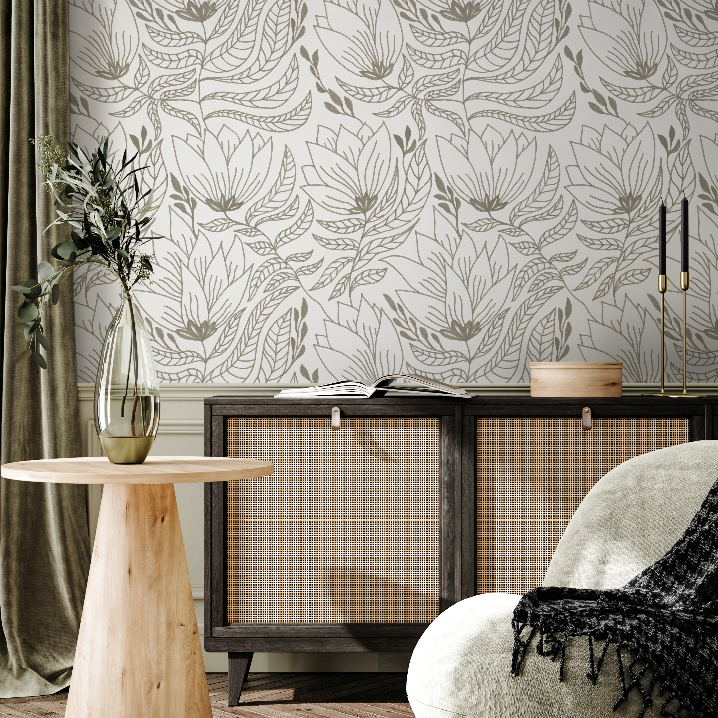Botanical Wallpaper With A Line Art Floral Motif In Taupe - C941