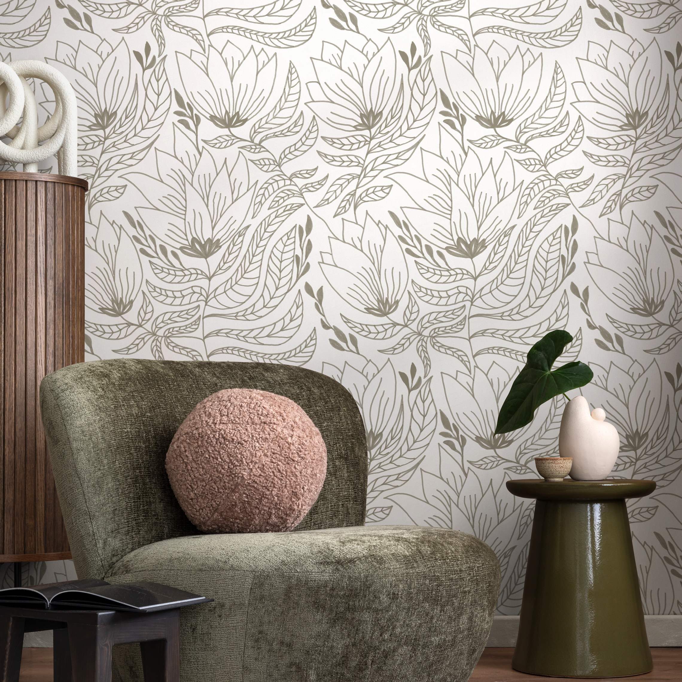 Botanical Wallpaper With A Line Art Floral Motif In Taupe - C941