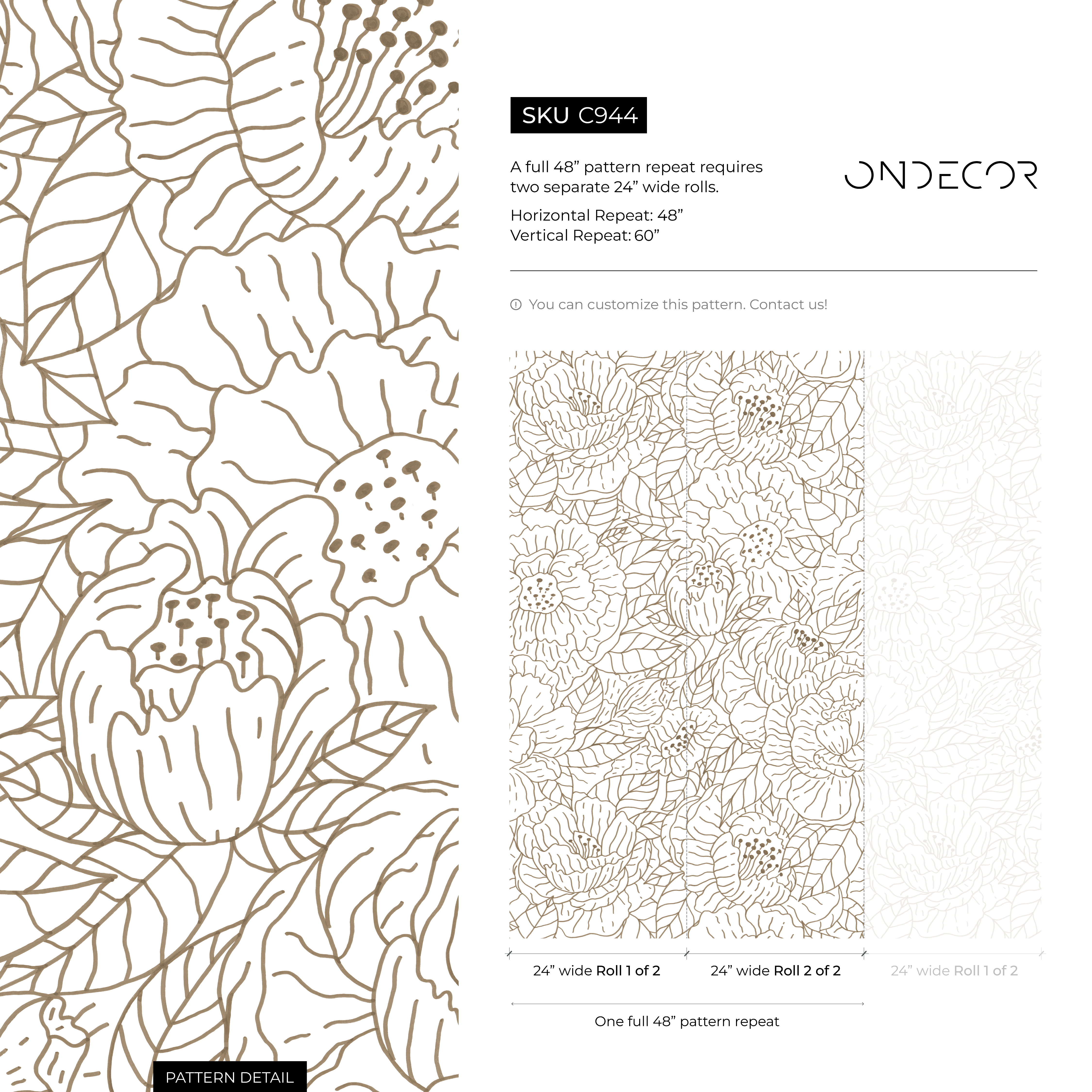 Floral Wallpaper With A Hand-drawn Line Art Motif In Brown - C944