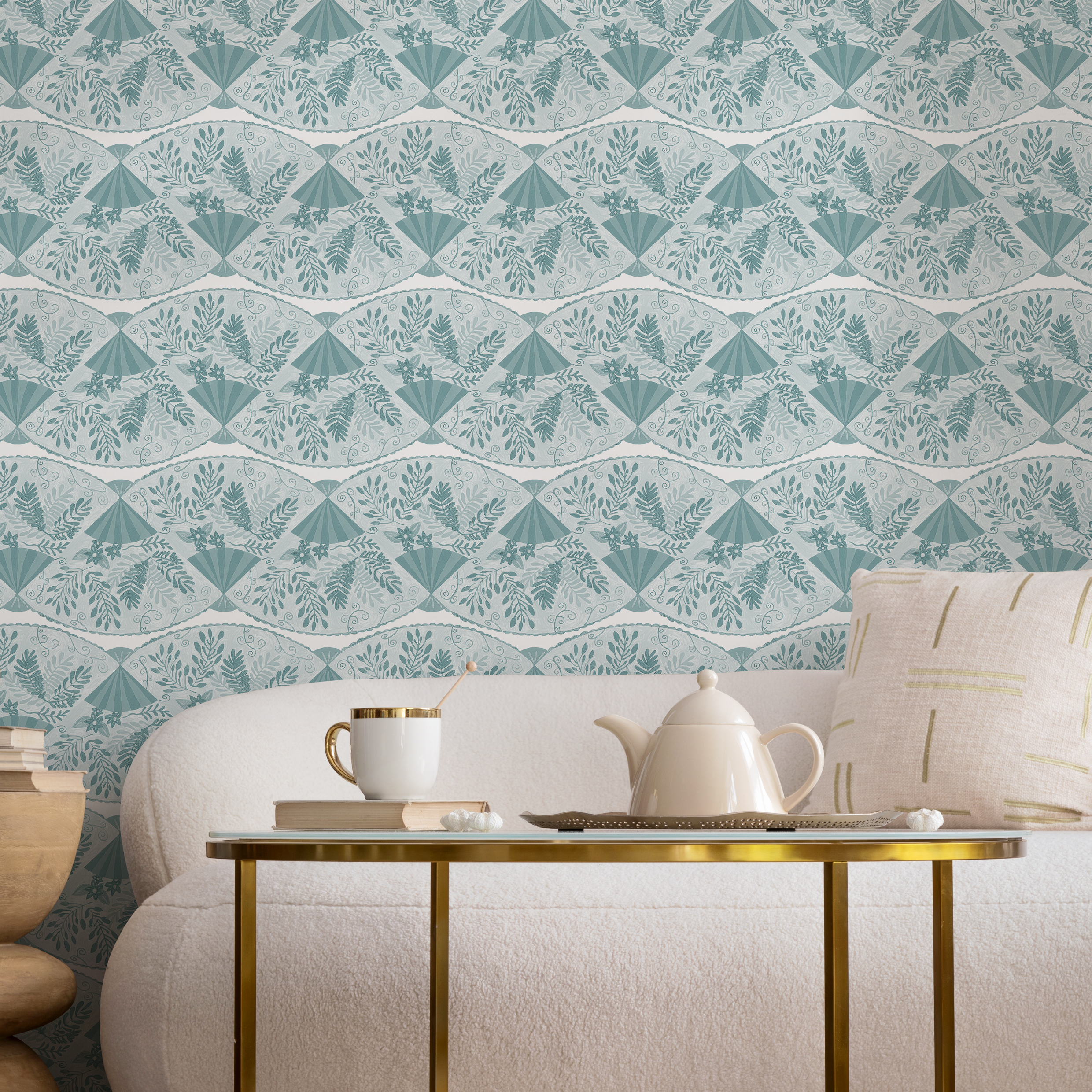 Art Deco Wallpaper With A Floral Fan Motif In Light Blue And White - C946