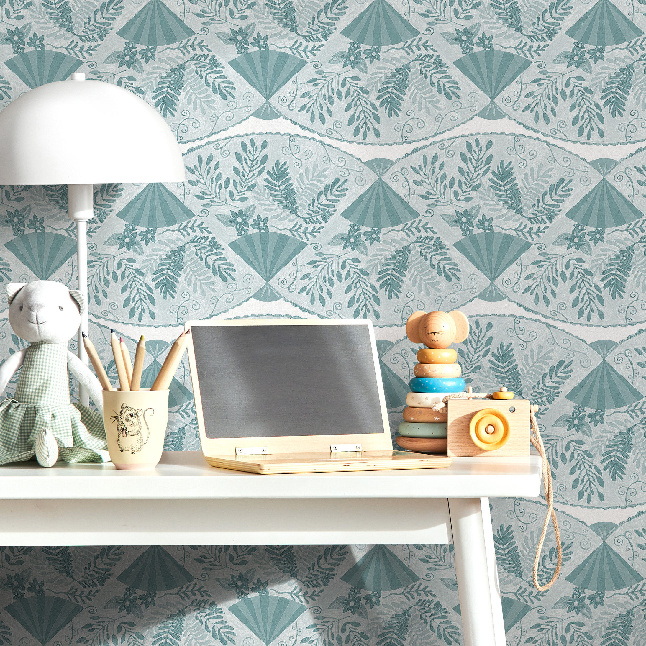 Art Deco Wallpaper With A Floral Fan Motif In Light Blue And White - C946