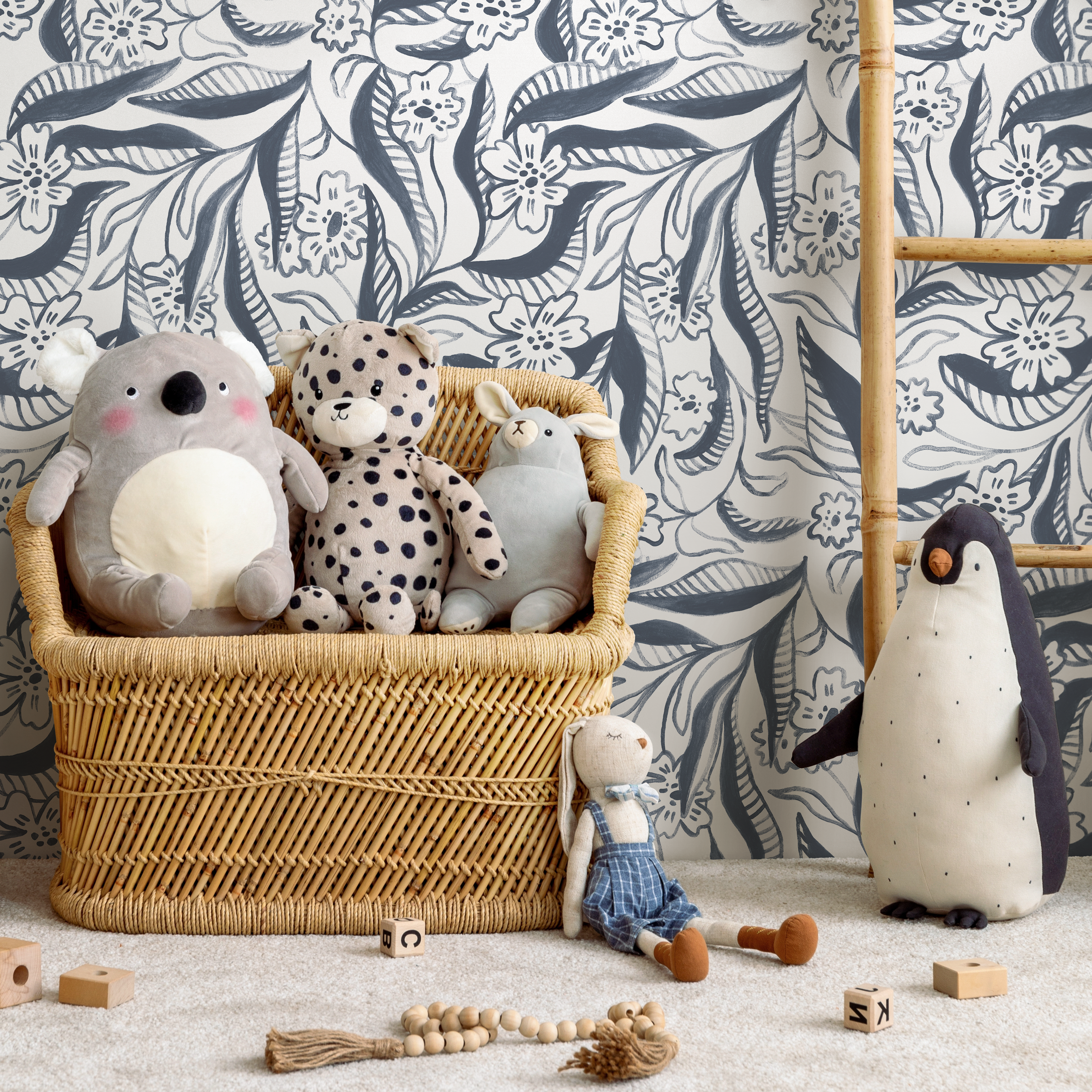 Floral Wallpaper Featuring Painterly Blooms In Navy Blue And Gray - C947