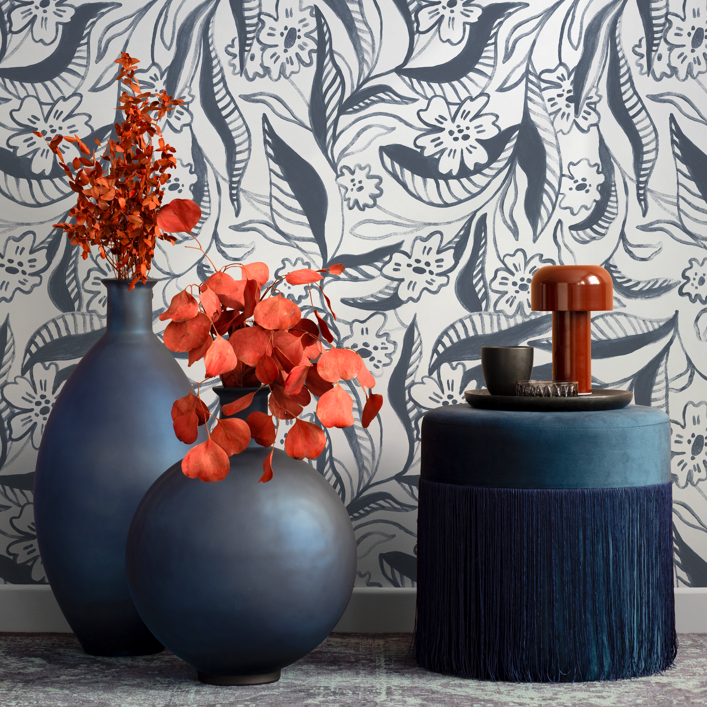 Floral Wallpaper Featuring Painterly Blooms In Navy Blue And Gray - C947