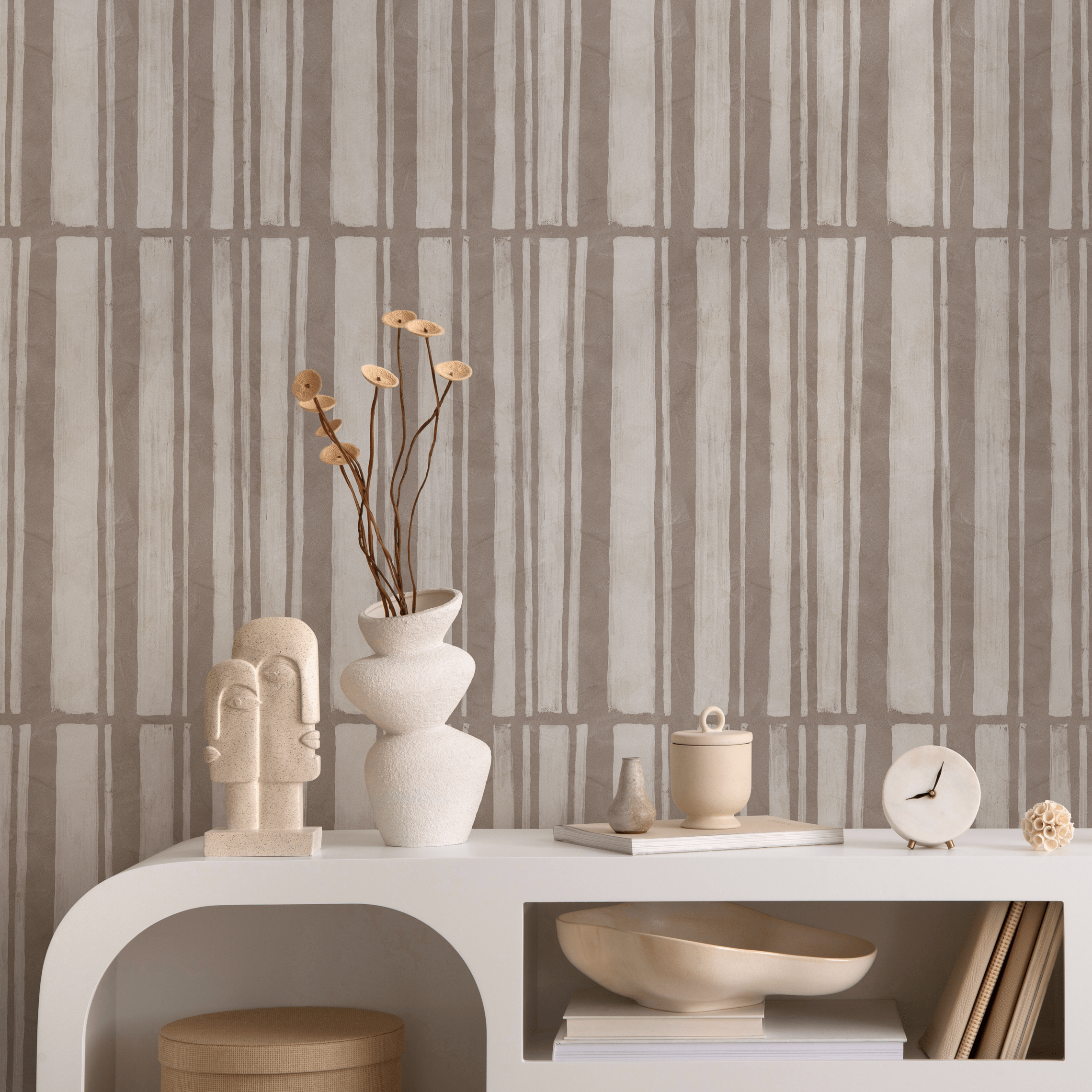Abstract Wallpaper With Hand-drawn Vertical Stripes In Beige And Taupe - C949