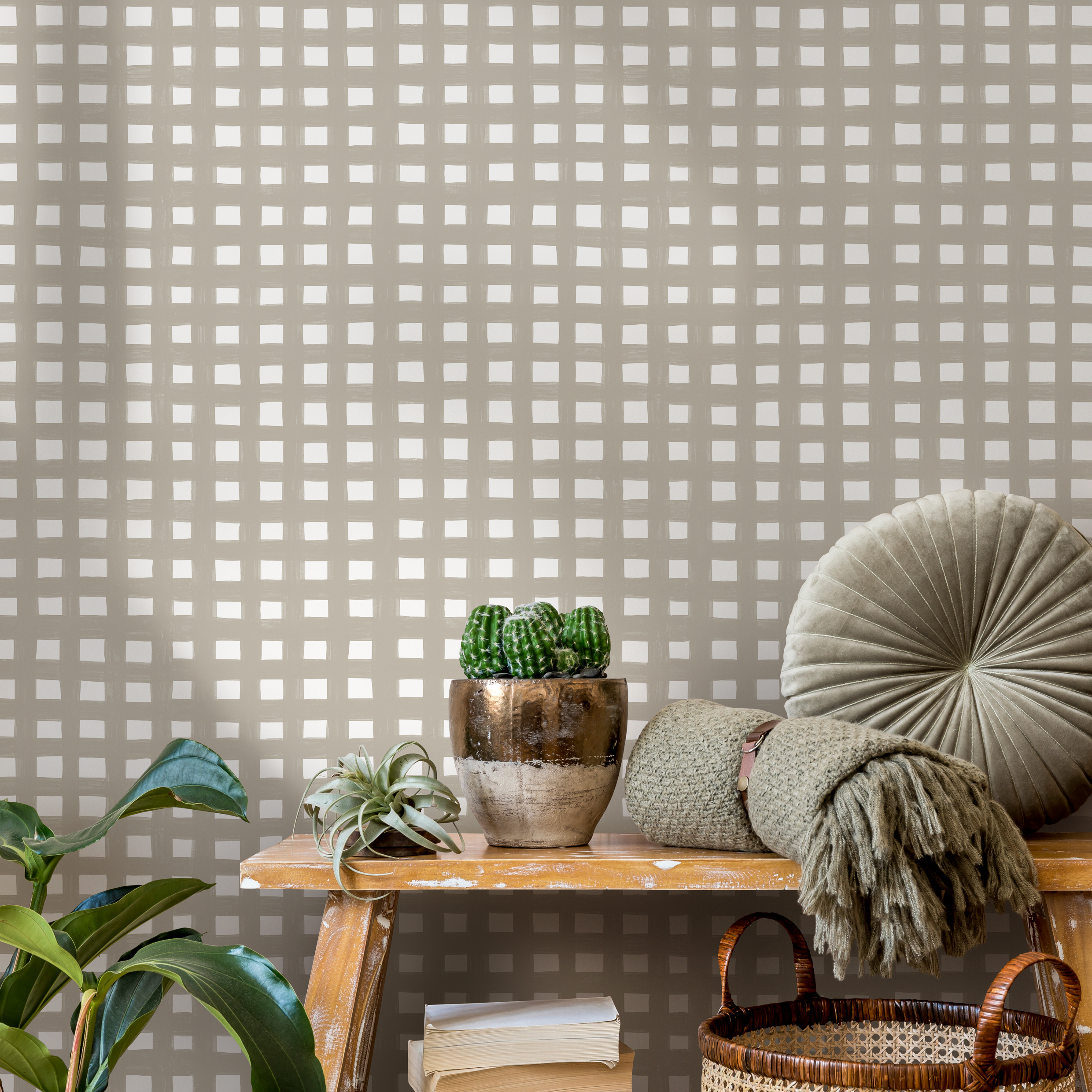 Gingham Wallpaper With A Painterly Grid In Beige - C952
