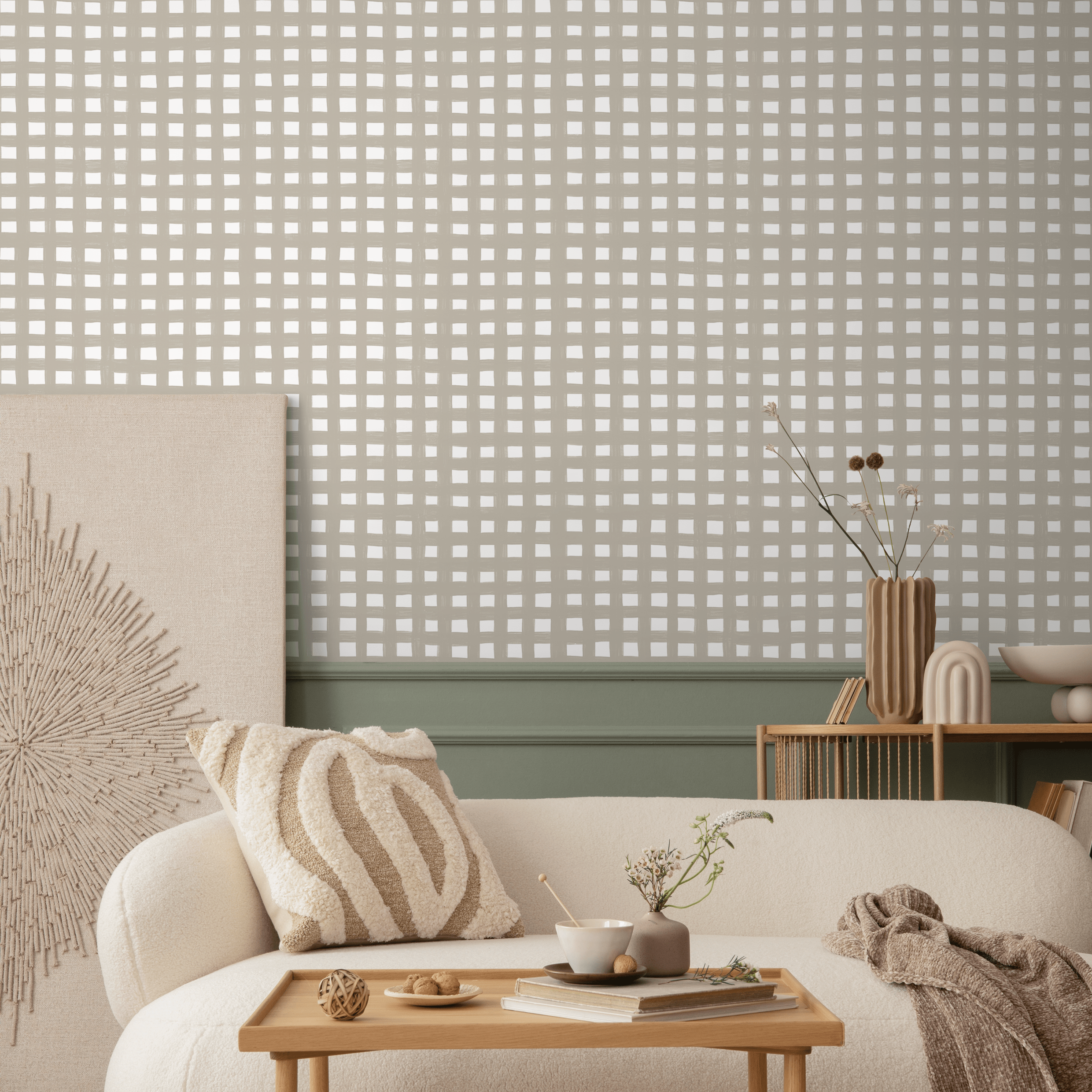 Gingham Wallpaper With A Painterly Grid In Beige - C952