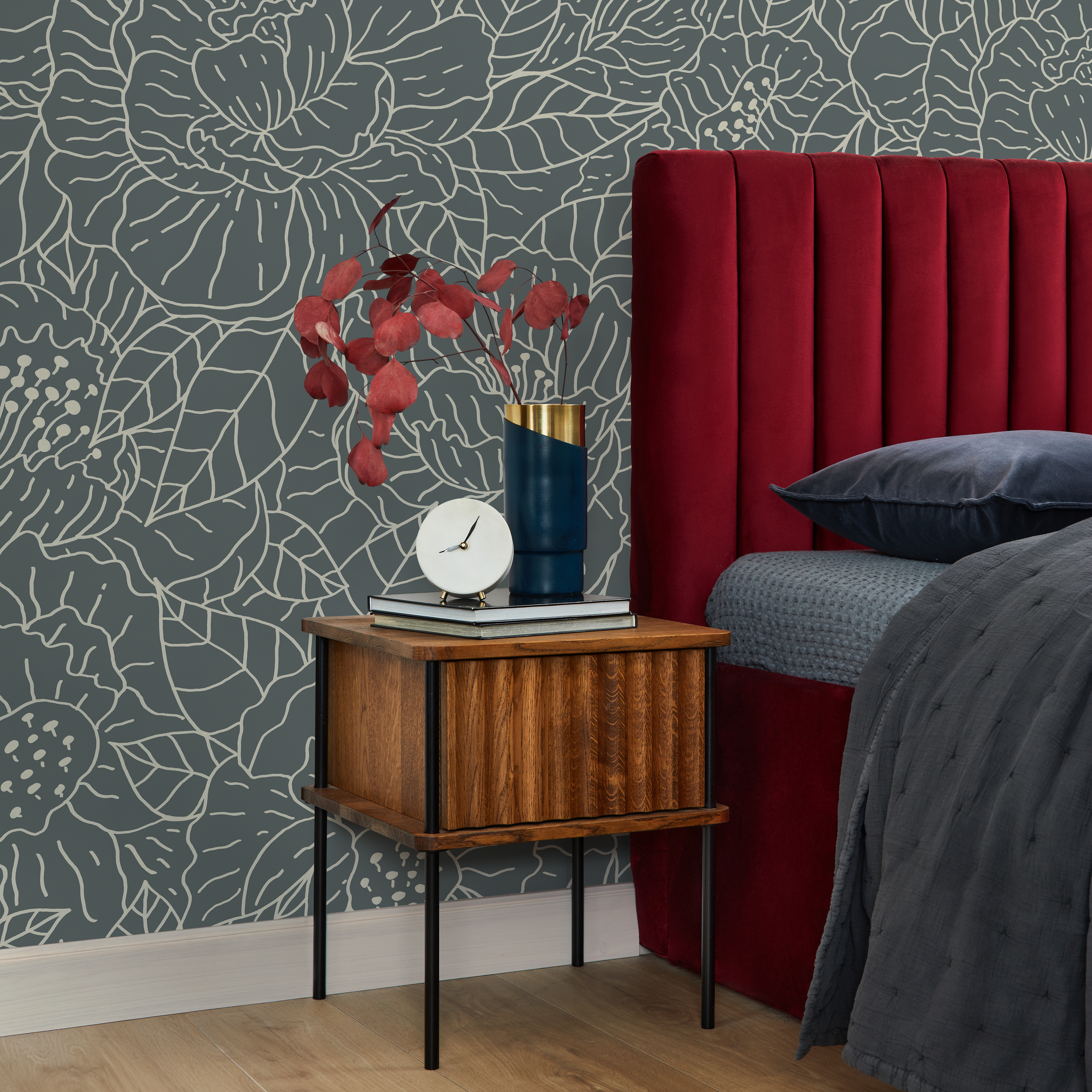 Floral Wallpaper With Line Art Blooms In Slate Green And Beige - C954