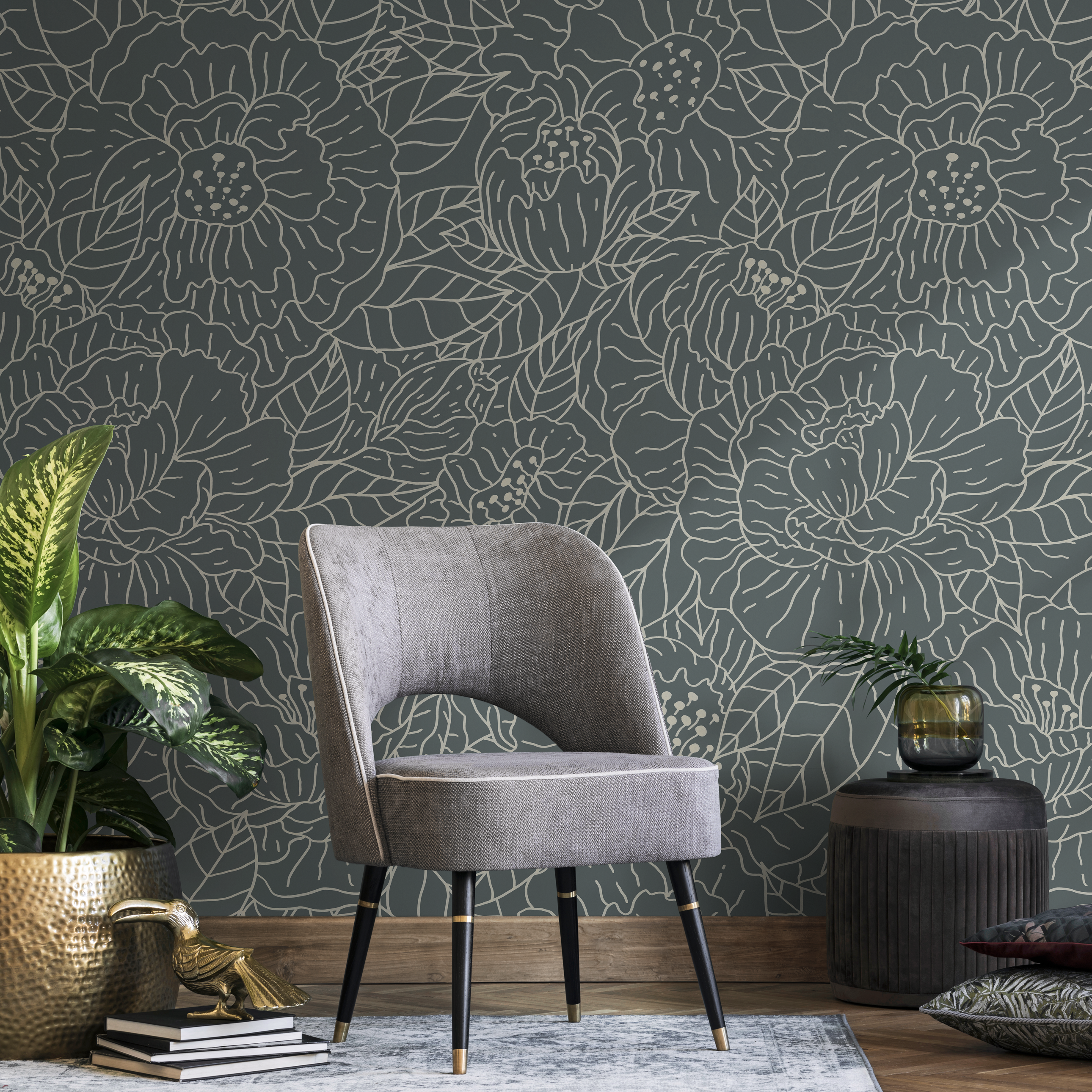 Floral Wallpaper With Line Art Blooms In Slate Green And Beige - C954