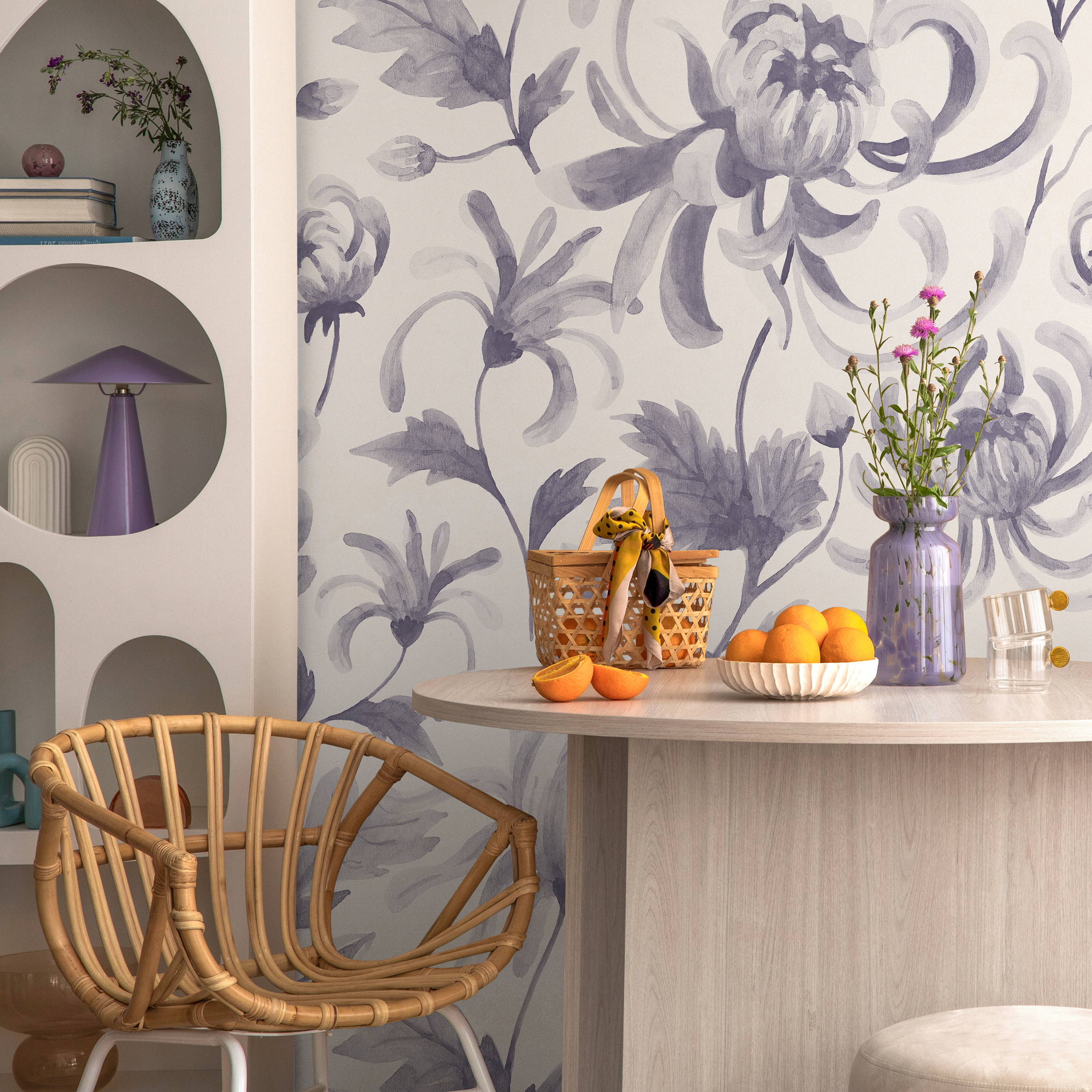 Floral Wallpaper Featuring Watercolor Chrysanthemums In Purple - C956