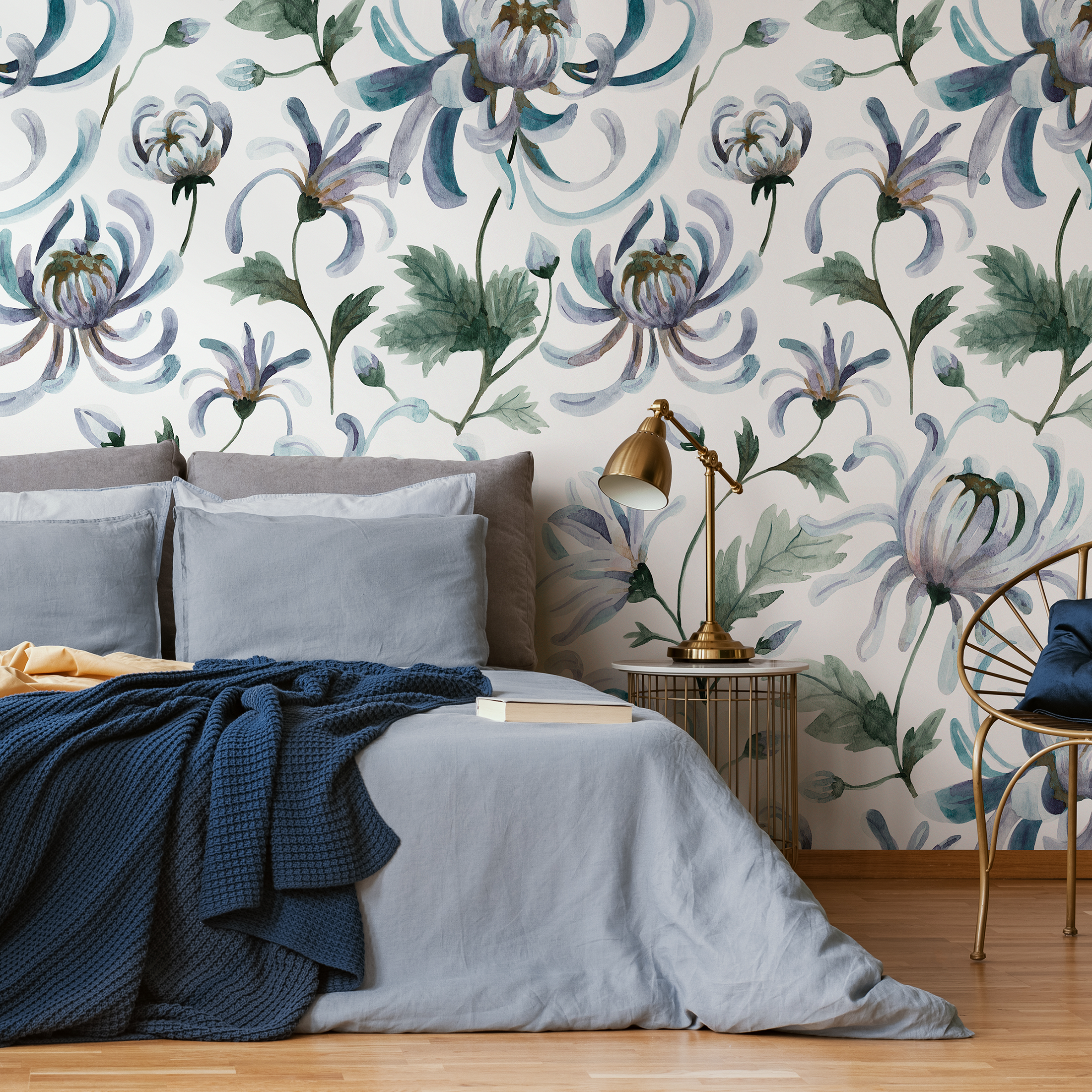 Floral Wallpaper Featuring Watercolor Chrysanthemums In Blue, Purple, And Green - C957
