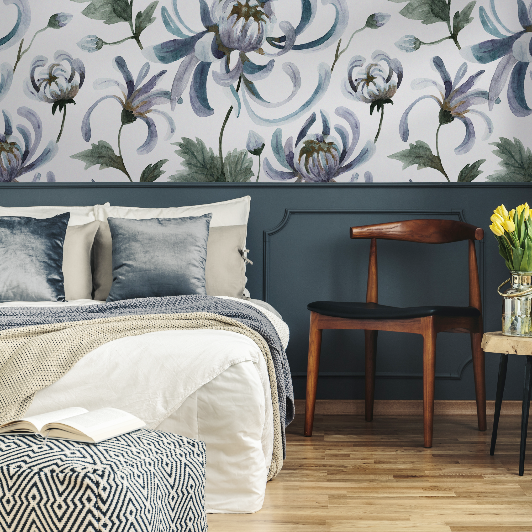 Floral Wallpaper Featuring Watercolor Chrysanthemums In Blue, Purple, And Green - C957