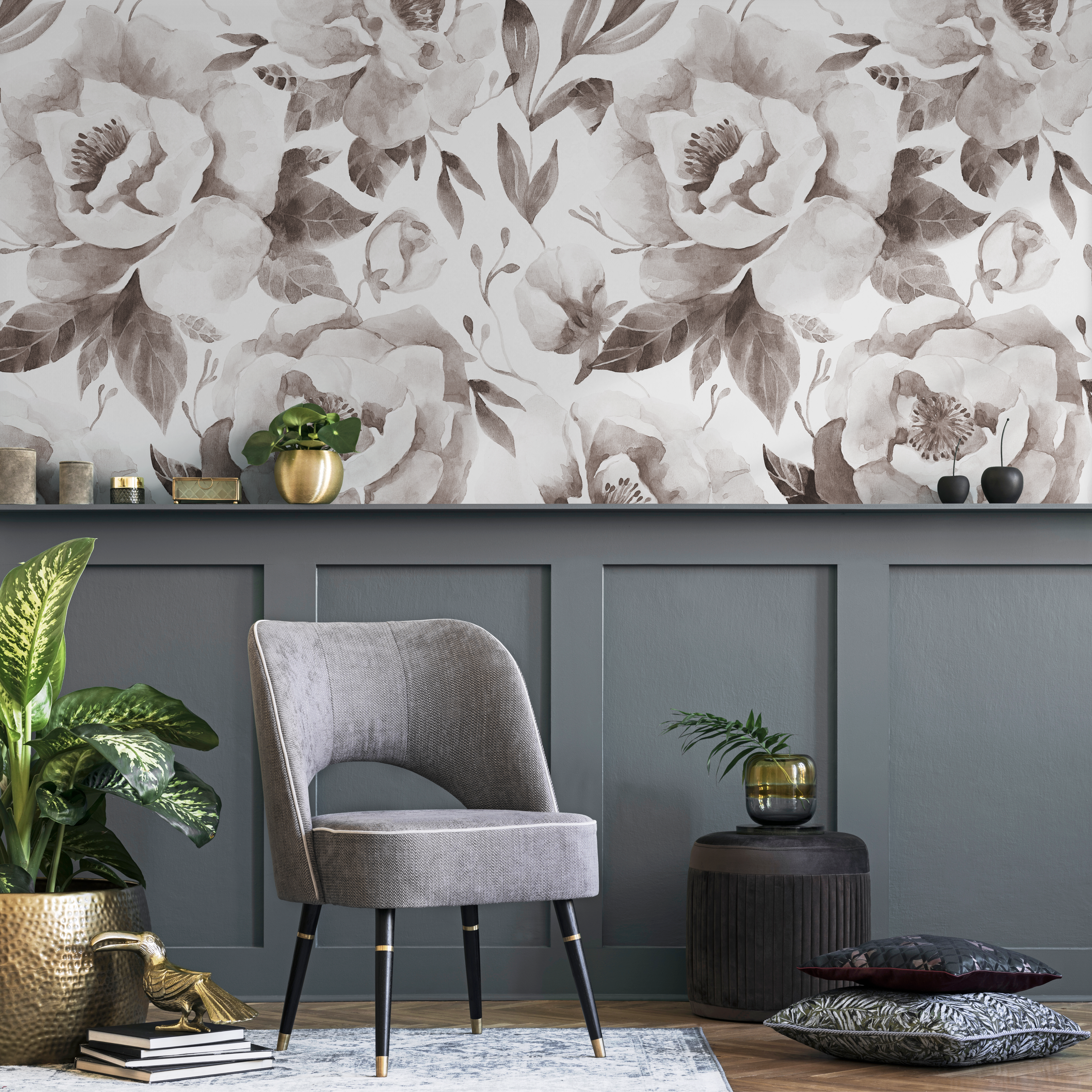 Floral Wallpaper With A Watercolor Peony Motif In Tan And Brown - C960