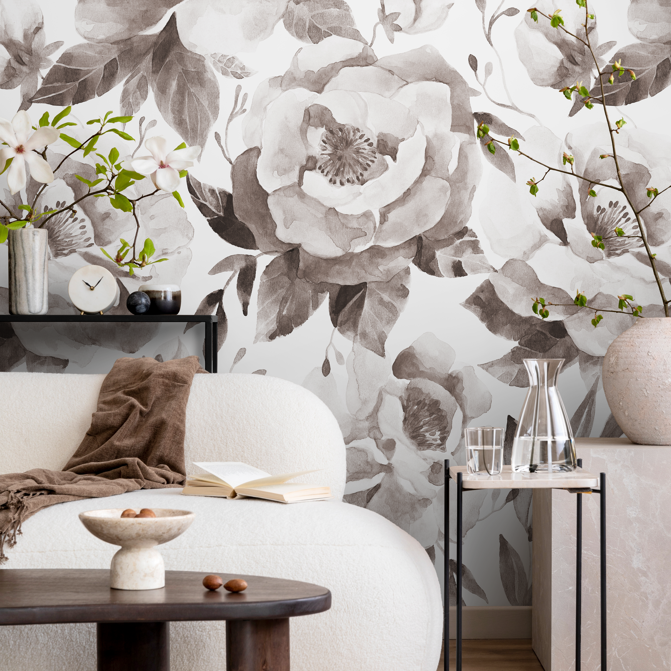 Floral Wallpaper With A Watercolor Peony Motif In Tan And Brown - C960