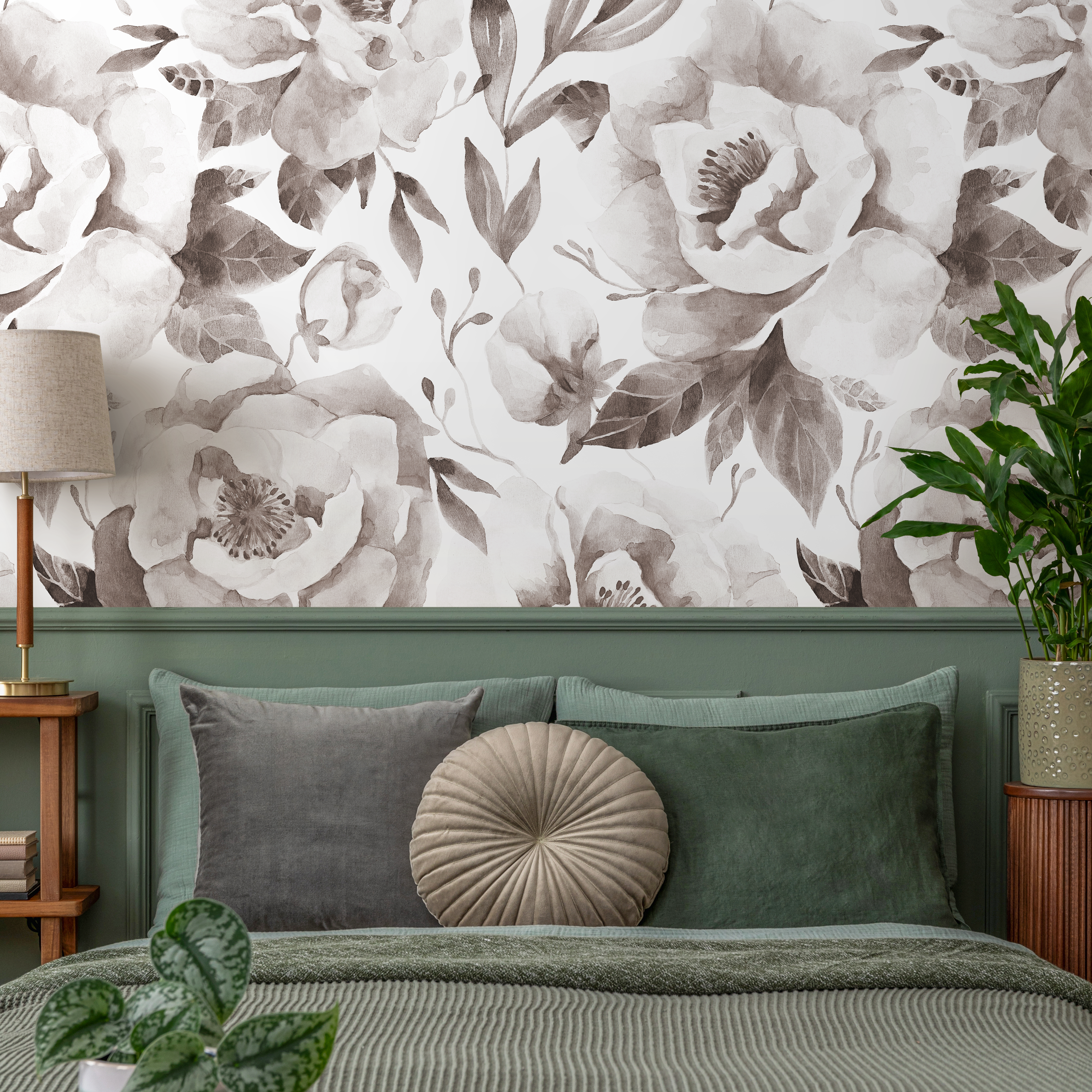 Floral Wallpaper With A Watercolor Peony Motif In Tan And Brown - C960