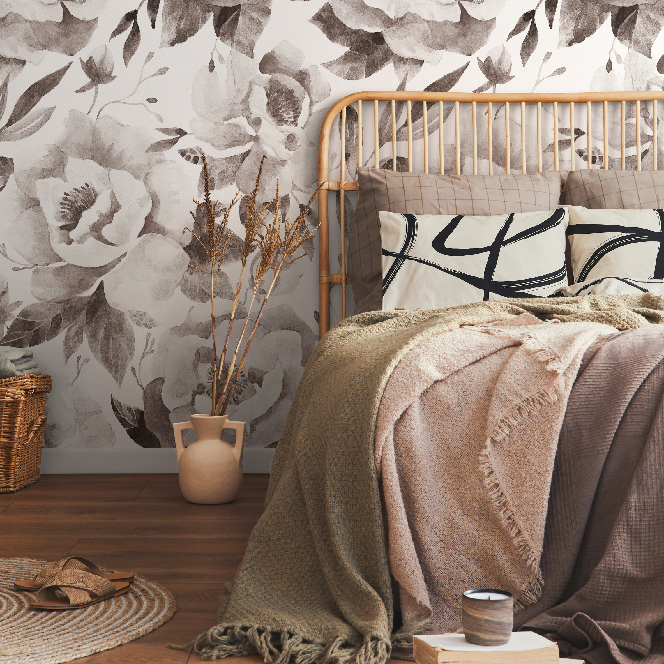 Floral Wallpaper With A Watercolor Peony Motif In Tan And Brown - C960