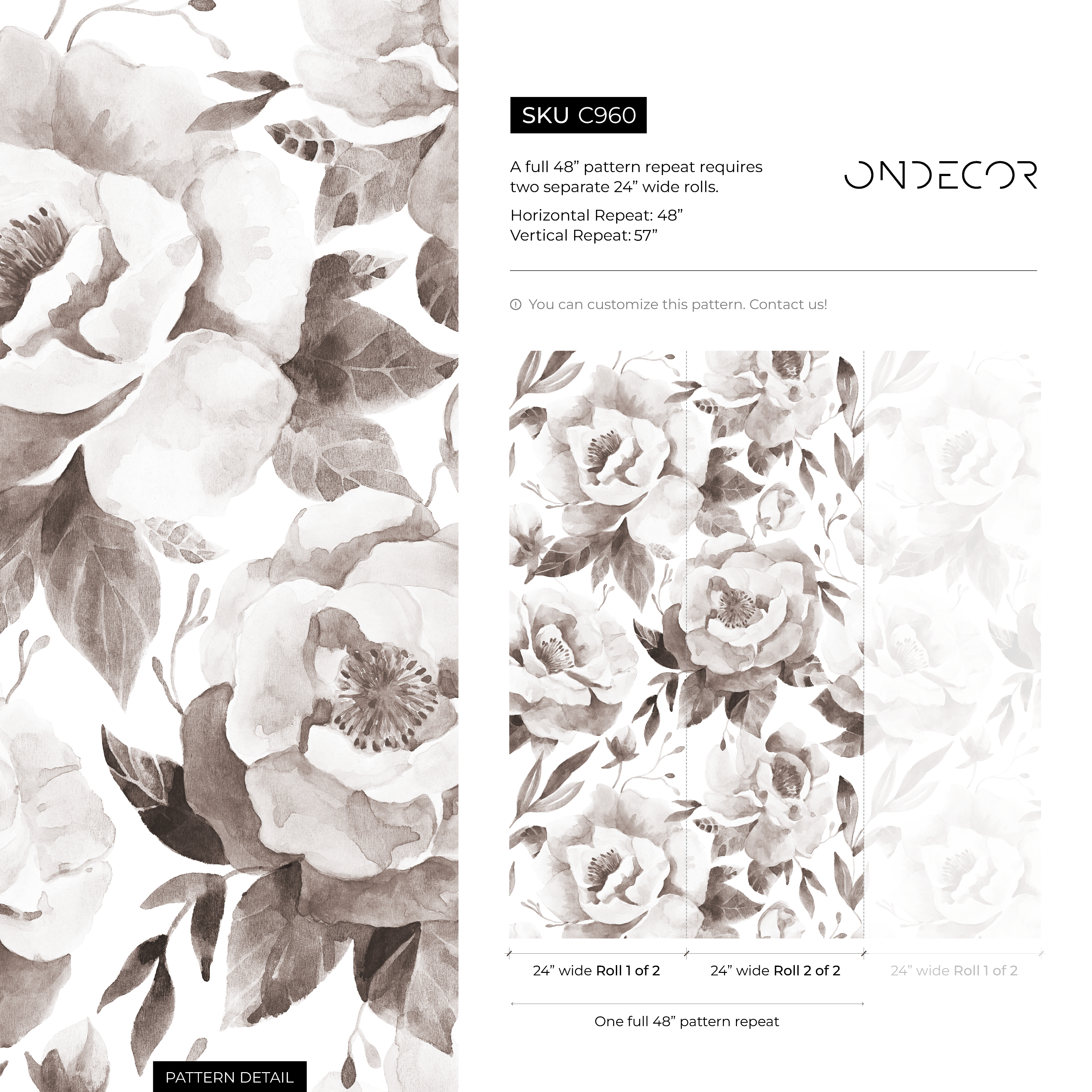 Floral Wallpaper With A Watercolor Peony Motif In Tan And Brown - C960